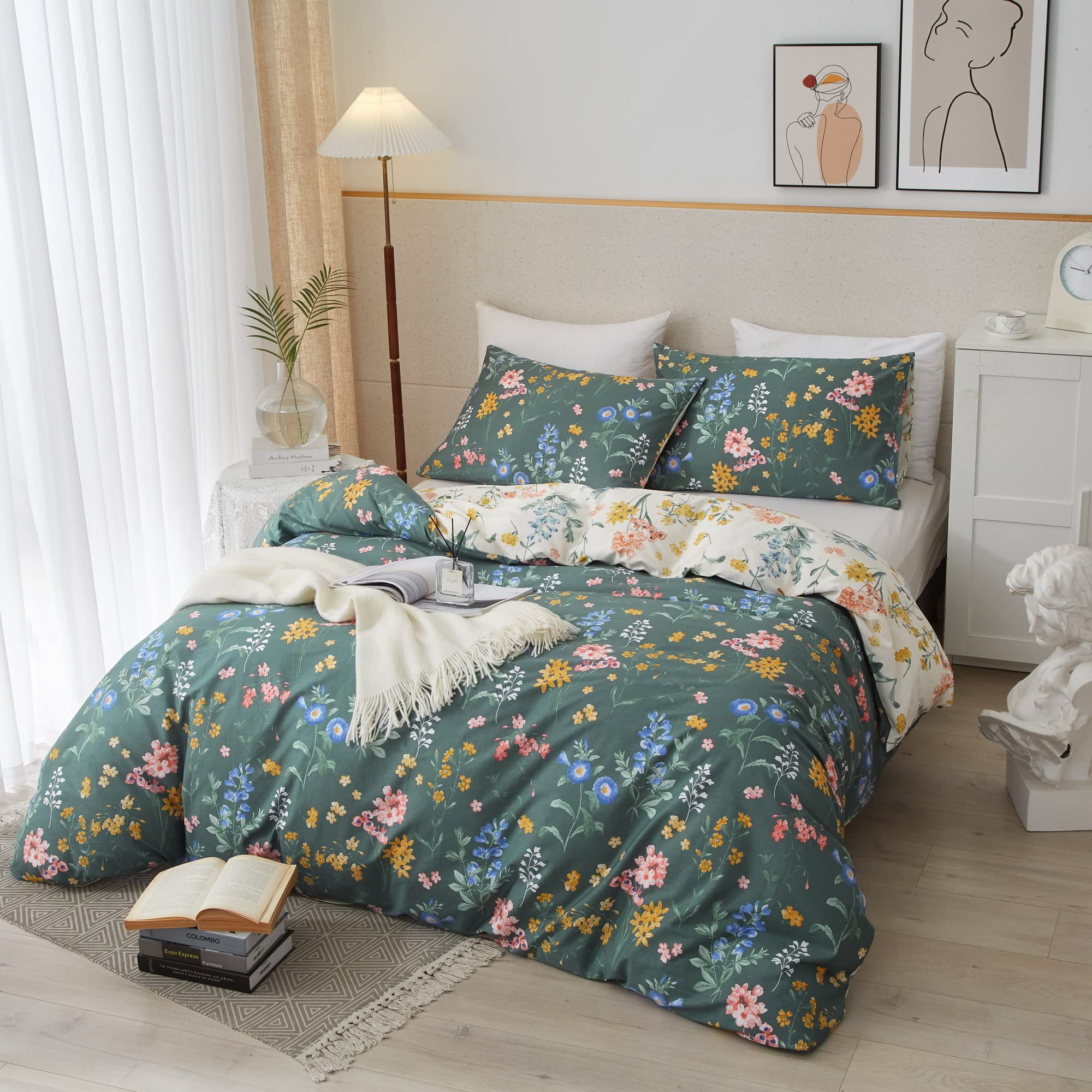 **PinkMemory Queen Size Duvet Cover Set - 100% Cotton Green & White Floral Pattern, Soft & Durable with Zipper Closure, Includes Pillowcases - Perfect for Bedroom, Guest Room, and Home Decor**