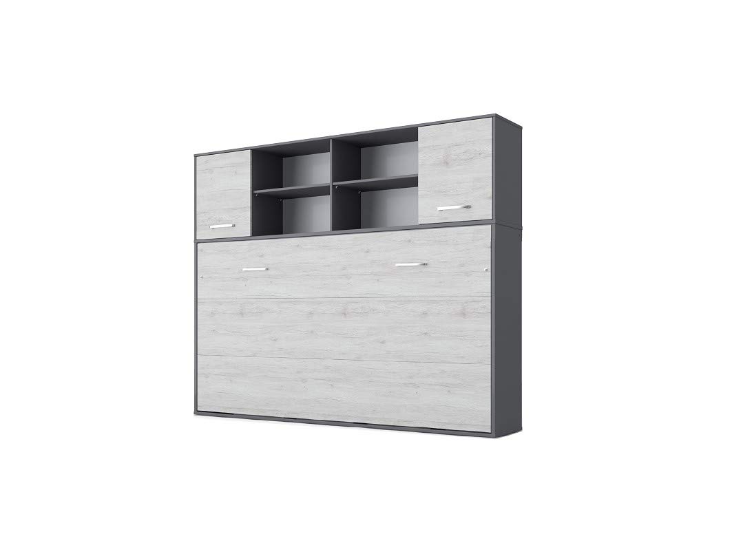 Horizontal Wall Bed with Twin Size Mattress & Top Cabinet - Grey/White Monaco Style | Space-Saving Murphy Bed for Small Apartments, Guest Rooms & Home Offices