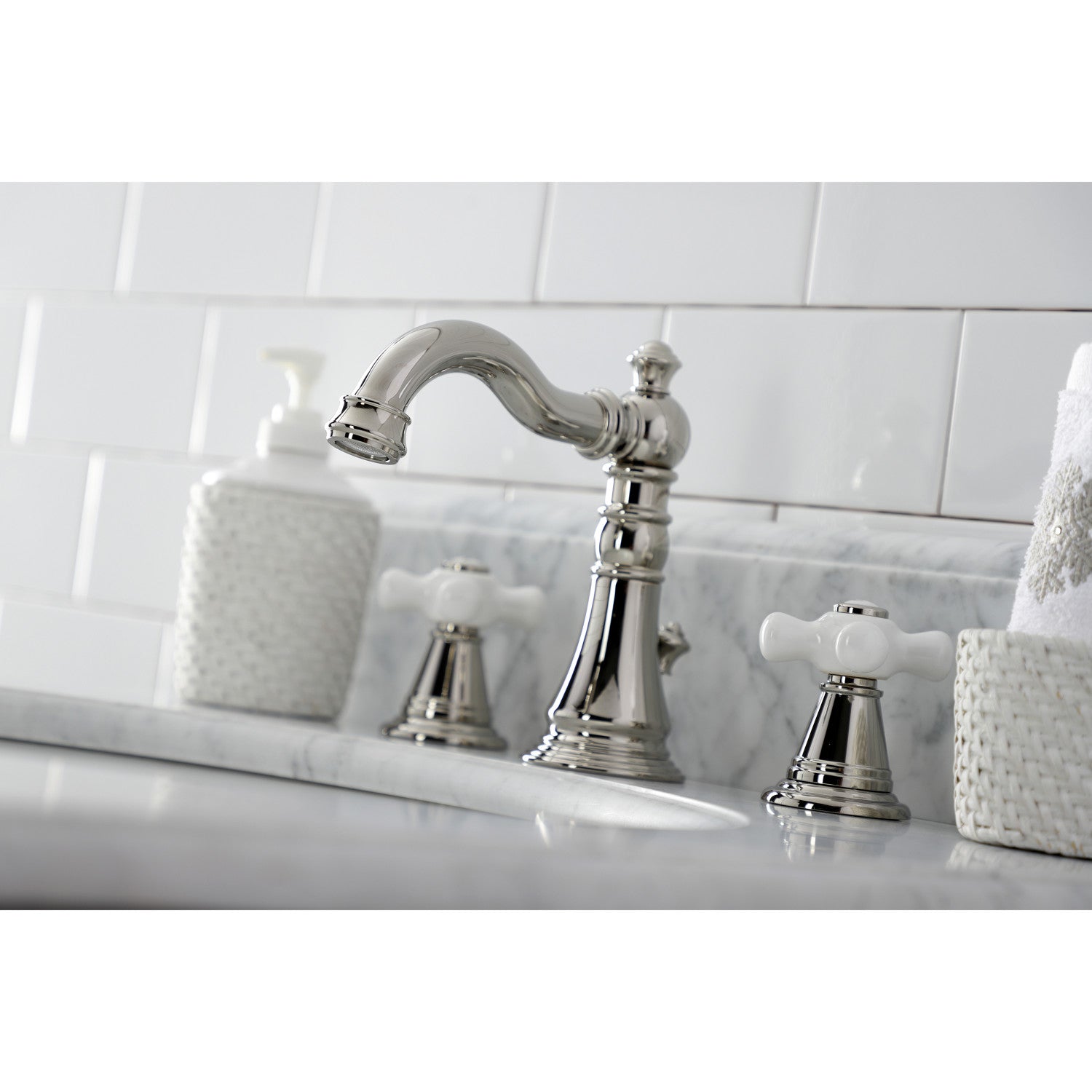 American Classic FSC1979APX 3-Hole Widespread Bathroom Faucet - Two Handle Deck Mount with Brass Pop-Up Drain in Polished Nickel - Perfect for Modern Bathroom Vanities and Powder Rooms
