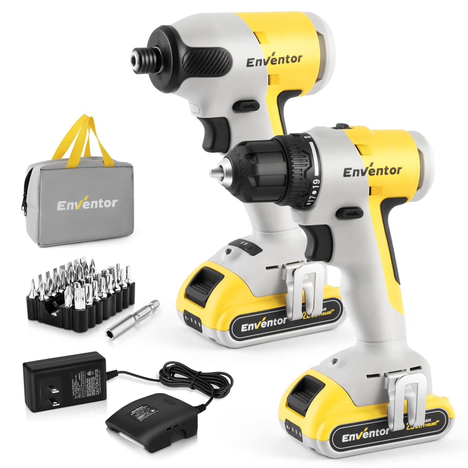 ENVENTOR 20V Brushless Cordless Drill and Impact Driver Combo Kit - 2 Lithium-Ion Batteries, 33-Piece Accessories & Storage Bag - LED Light, Powerful & Lightweight for DIY Projects, Home Repairs, and Professional Construction Work