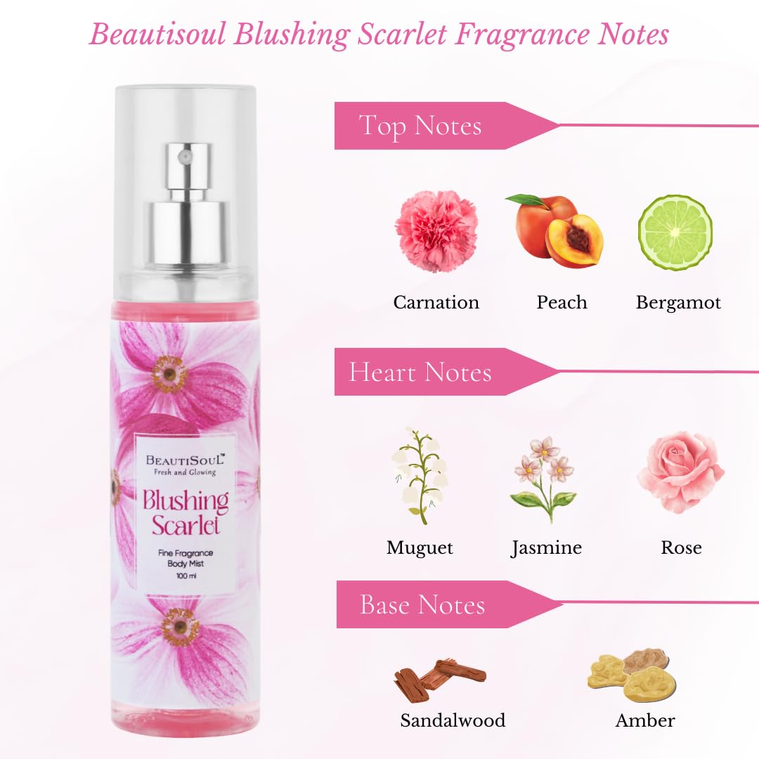 Beautisoul Blushing Scarlet Fine Fragrance Body Mist for Women - 100ml Long Lasting Floral Perfume Spray | Hydrating, Delicate & Refreshing | Perfect for Daily Use, Date Nights, Office & Special Occasions | Great Gift Idea for Her, Birthday, Anniversary & Secret Santa