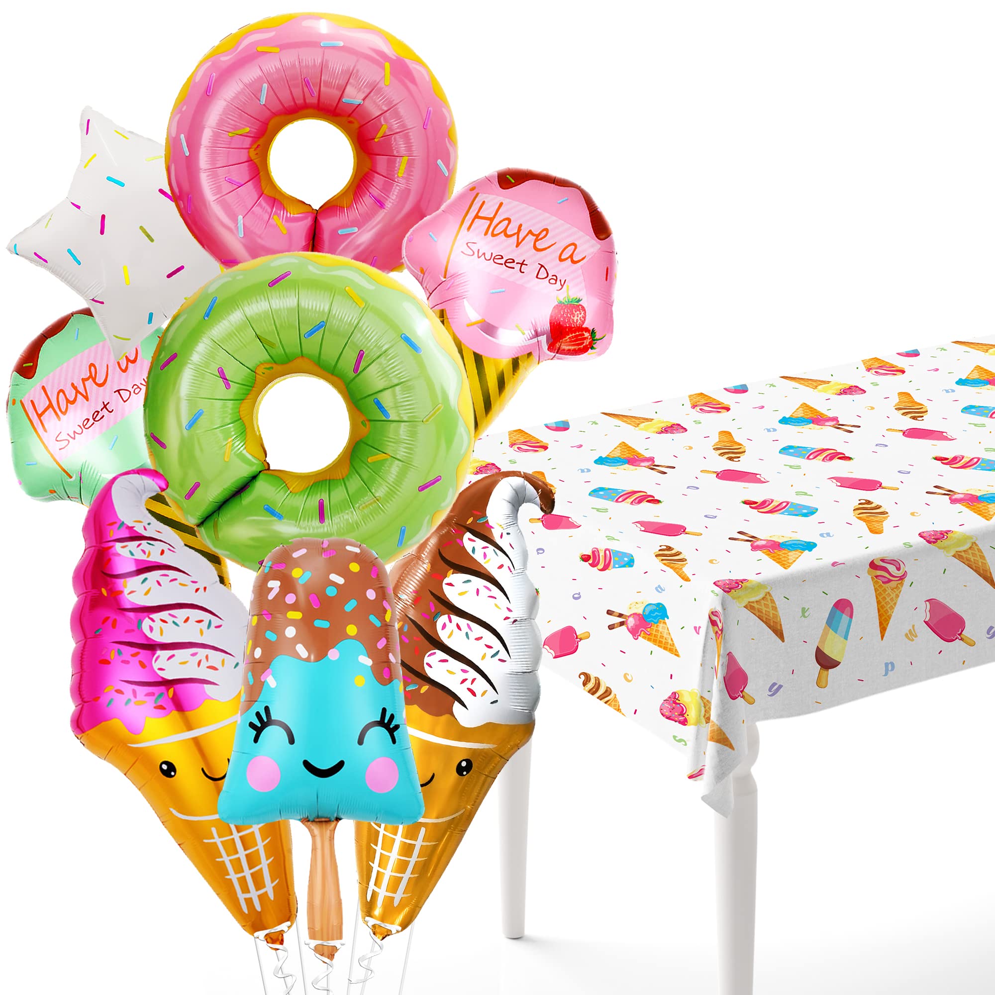 Extra Large Ice Cream Tablecloth & Balloons Set - Pack of 10 | Waterproof Party Table Cover for Ice Cream Themed Birthday, Baby Shower & Summer Celebrations | Cute Dessert Decorations for Indoor/Outdoor Events
