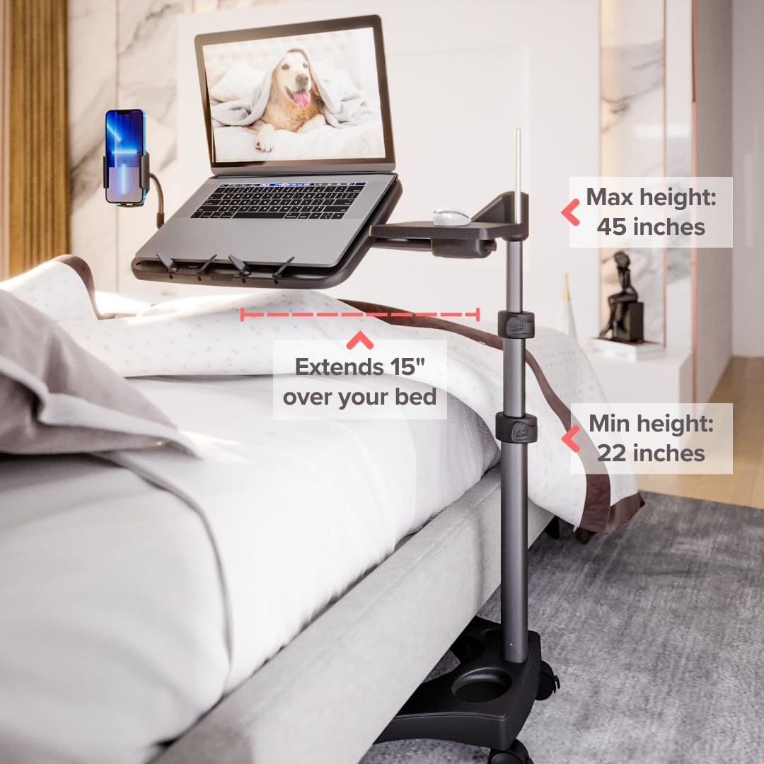 LEVO G2 V16 Adjustable Mobile Laptop Stand with Phone Holder & Mouse Tray - Rolling Computer Cart for Home Office, Gaming & Workspace Organization
