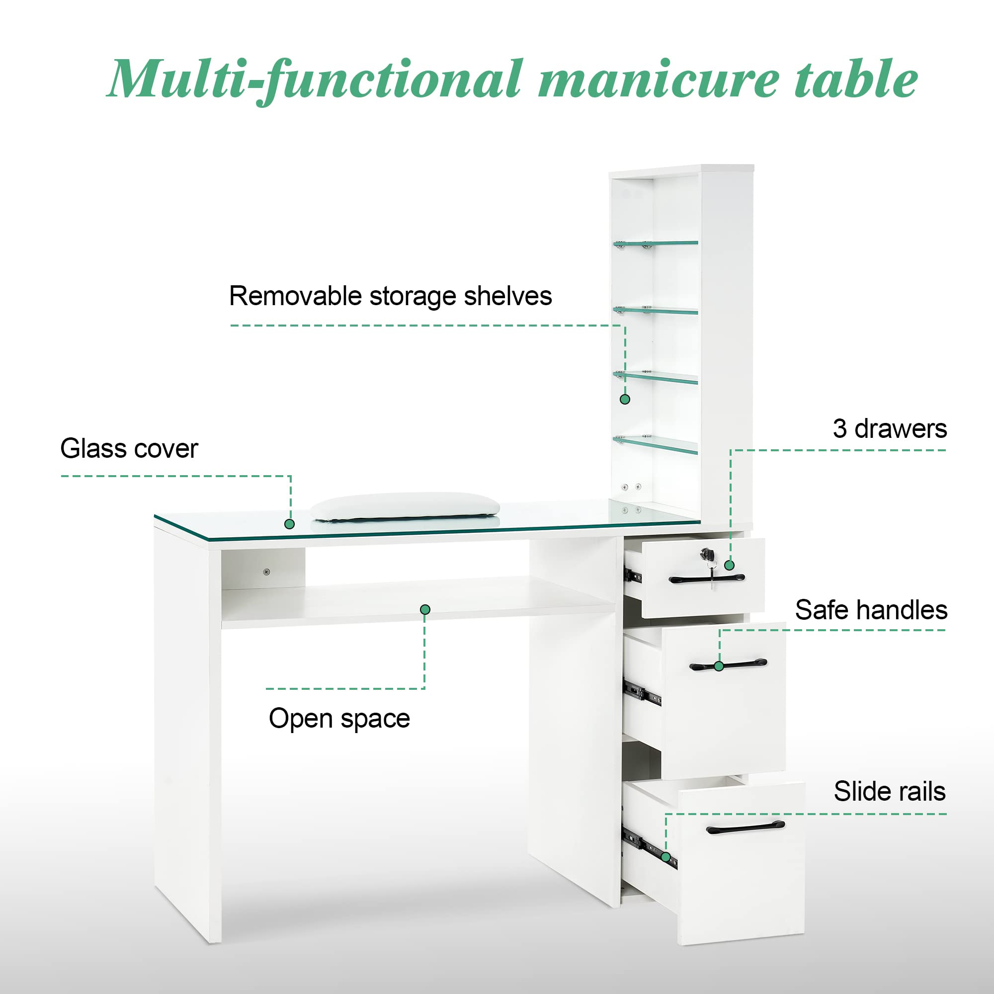 Professional Barber & Manicure Table with 3 Drawers & Storage Shelves - 45x60x19 Inch White Nail Salon Station for Spa, Beauty Parlor & Home Use - Perfect for Manicures, Pedicures & Barber Services