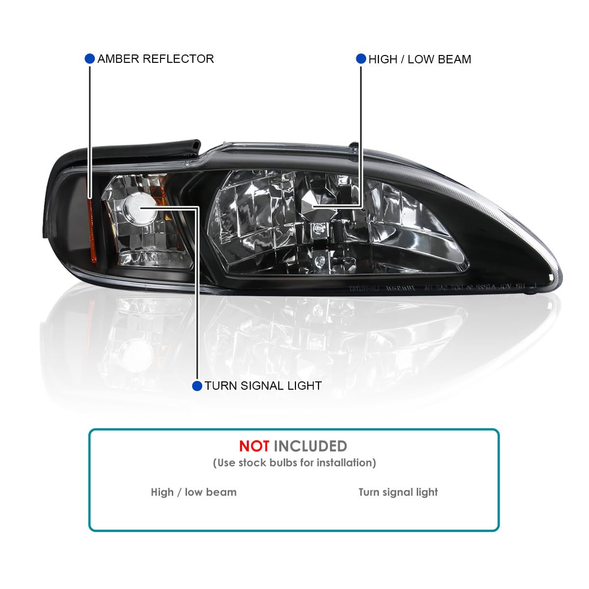 Spec-D Tuning Black 1PC Style Headlights for 1994-1998 Ford Mustang - Left & Right Pair Headlight Assembly - Upgrade Your Ride with Sleek Lighting for Night Driving & Car Shows