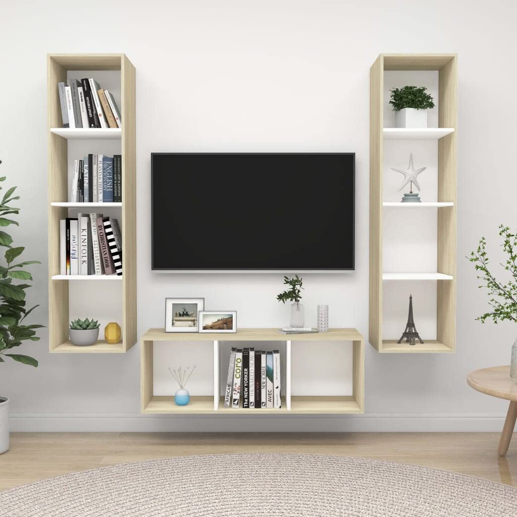 ZQQLVOO 3-Piece Modern Entertainment Center TV Stand Media Cabinet with Storage, Living Room TV Console, White & Sonoma Oak Chipboard - Perfect for Living Room, Bedroom, Office & Small Spaces