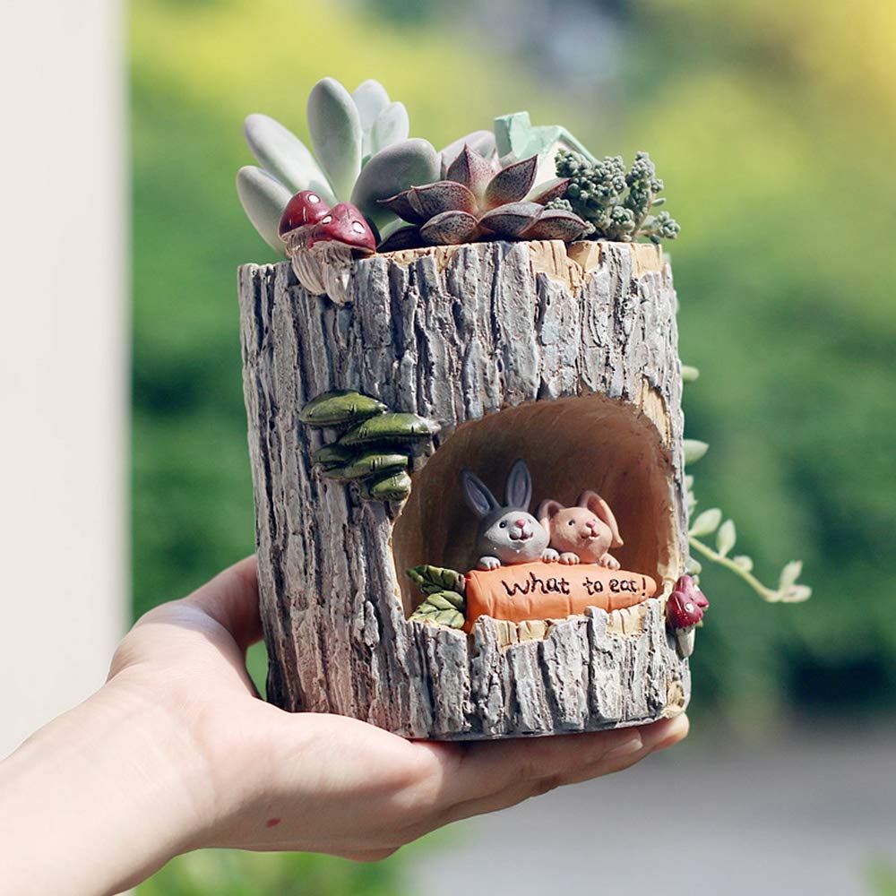 Cute Rabbit Resin Succulent Planter Pot - Animal Story Stump Flower Pot for Office Desk, Home Garden Decor | Perfect for Indoor Plants, Small Cacti & Desk Decorations
