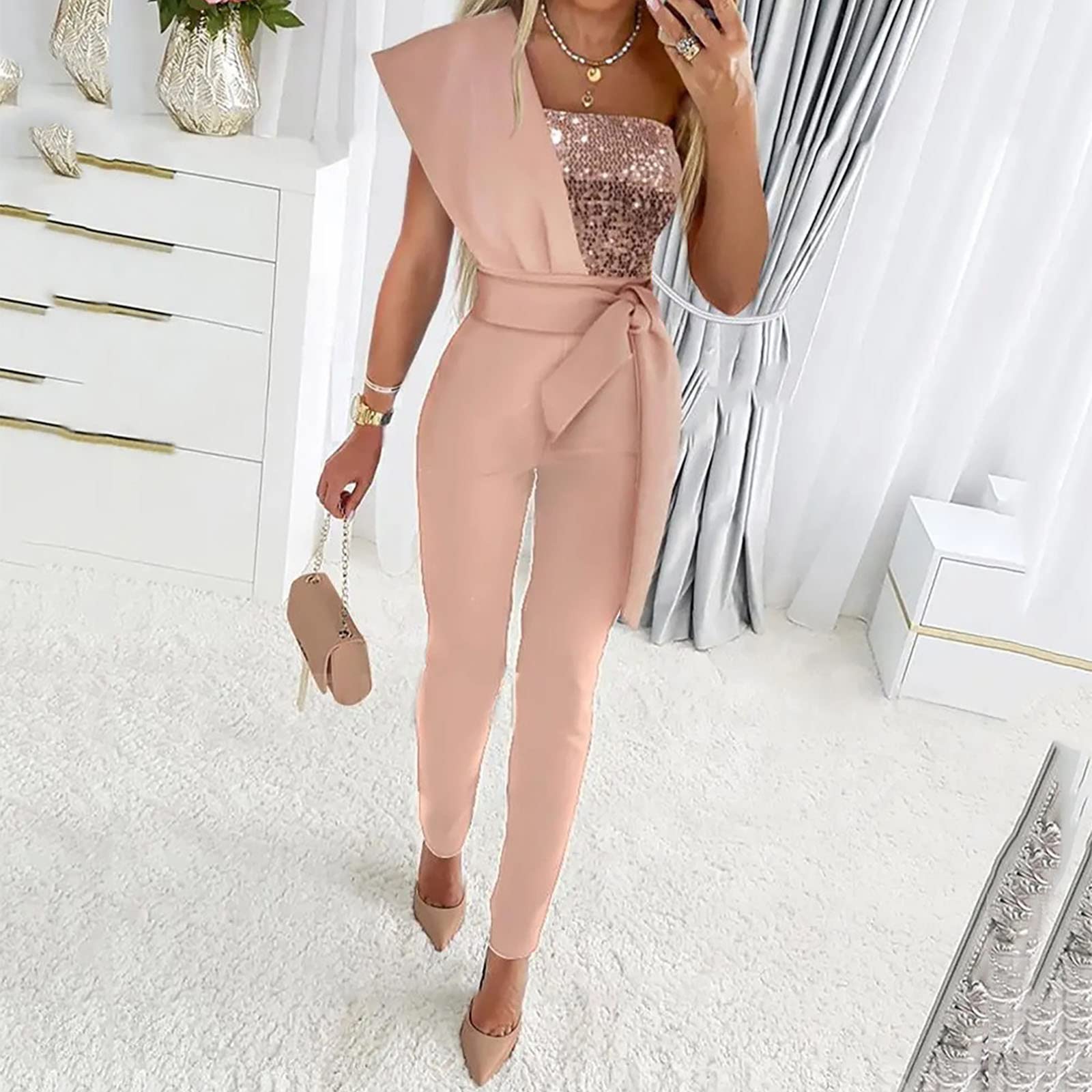 Elegant One Shoulder Jumpsuit for Women - Wedding Guest Outfit with Cutout Detail, Sleeveless Romper & High Waist Belted Pants | Perfect for Cocktail Parties, Date Nights & Formal Events