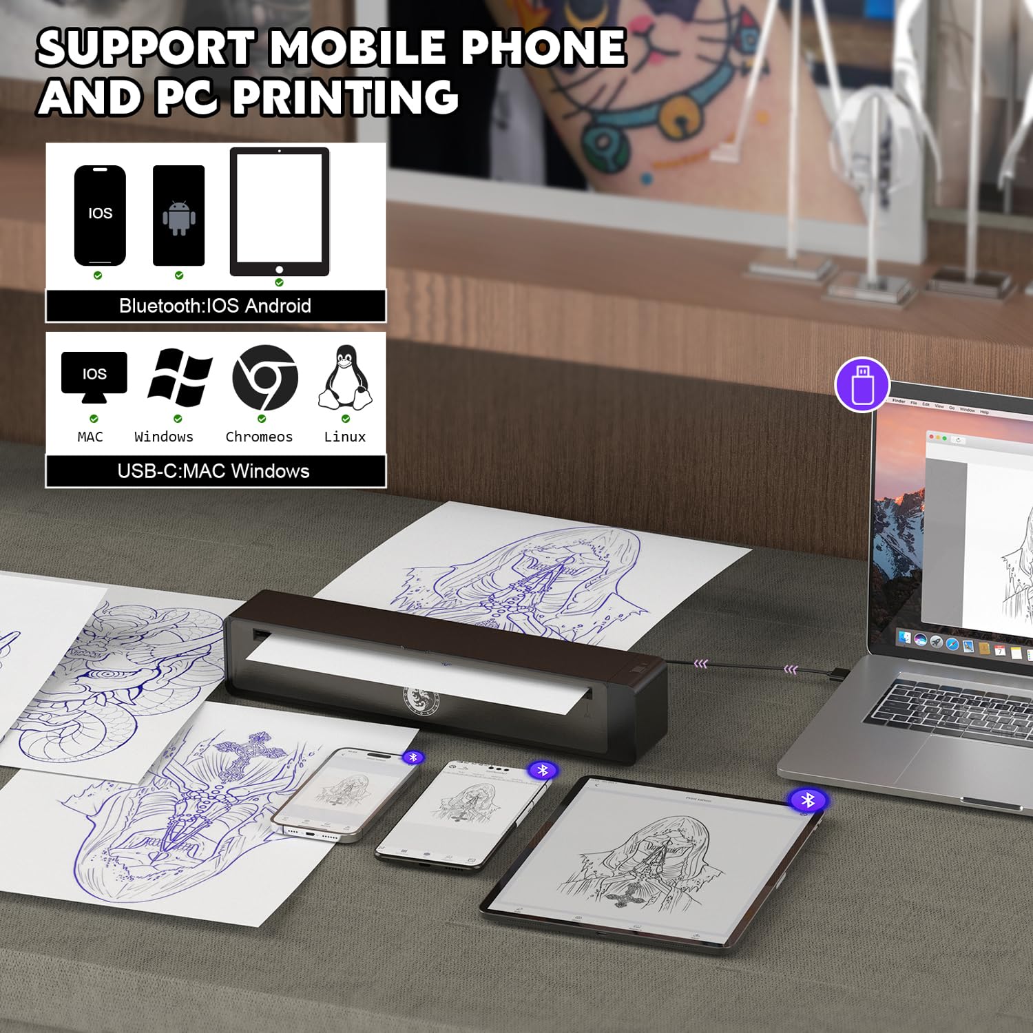 Wireless Bluetooth Tattoo Stencil Printer - 2,500mAh Portable Tattoo Machine for Artists & Beginners | Compatible with iPhone, Android & PC | Dark Gray | Perfect for Tattoo Studios, Home Practice & Professional Tattoo Designs