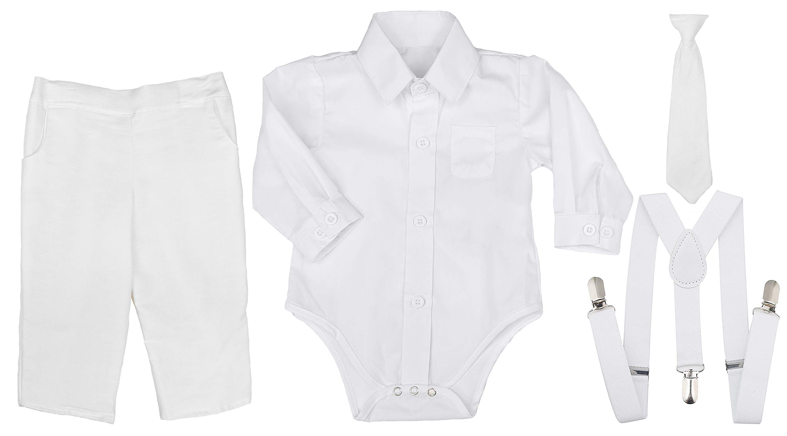 Baby Boys Christening Outfit Set - 4 Piece Formal Suspender Suit for Baptism, Church & Special Occasions