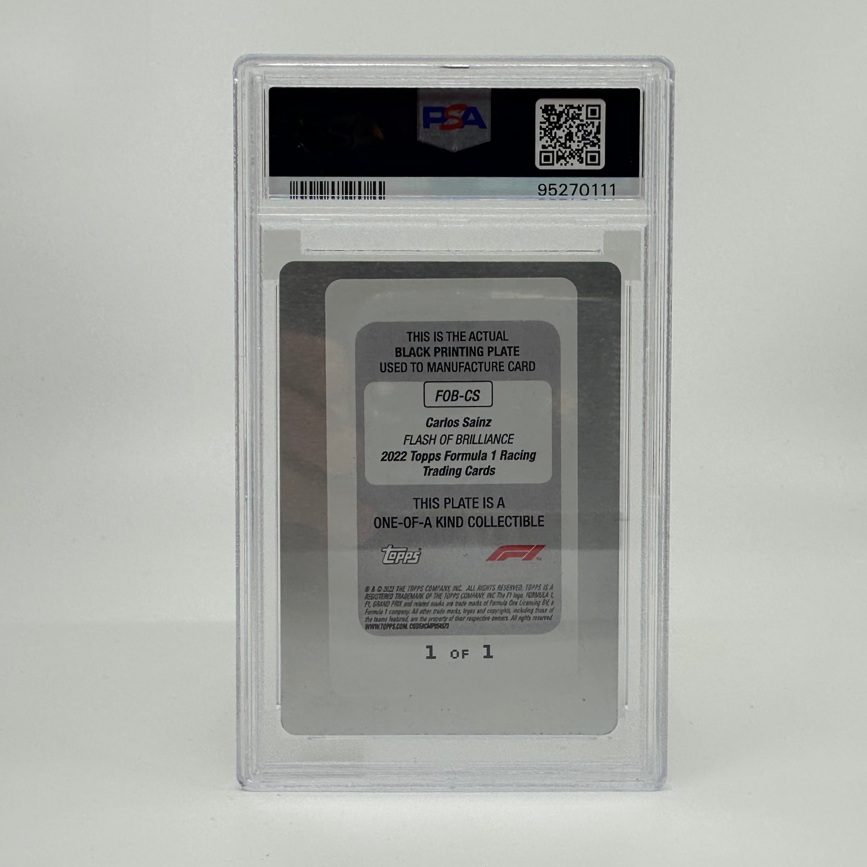 2022 Topps Formula 1 Carlos Sainz #FOBCS Black Printing Plate - Limited Edition Collectible for F1 Fans & Sports Memorabilia Enthusiasts - Perfect for Display, Trading, and Racing Memorabilia Collections