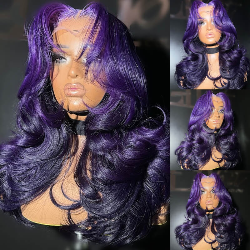 Eullair Ombre Two-Tone Purple Body Wave Human Hair Wig - Glueless Lace Frontal Wig with Layered Cut for Women (EW003) | Perfect for Cosplay, Parties & Daily Styling