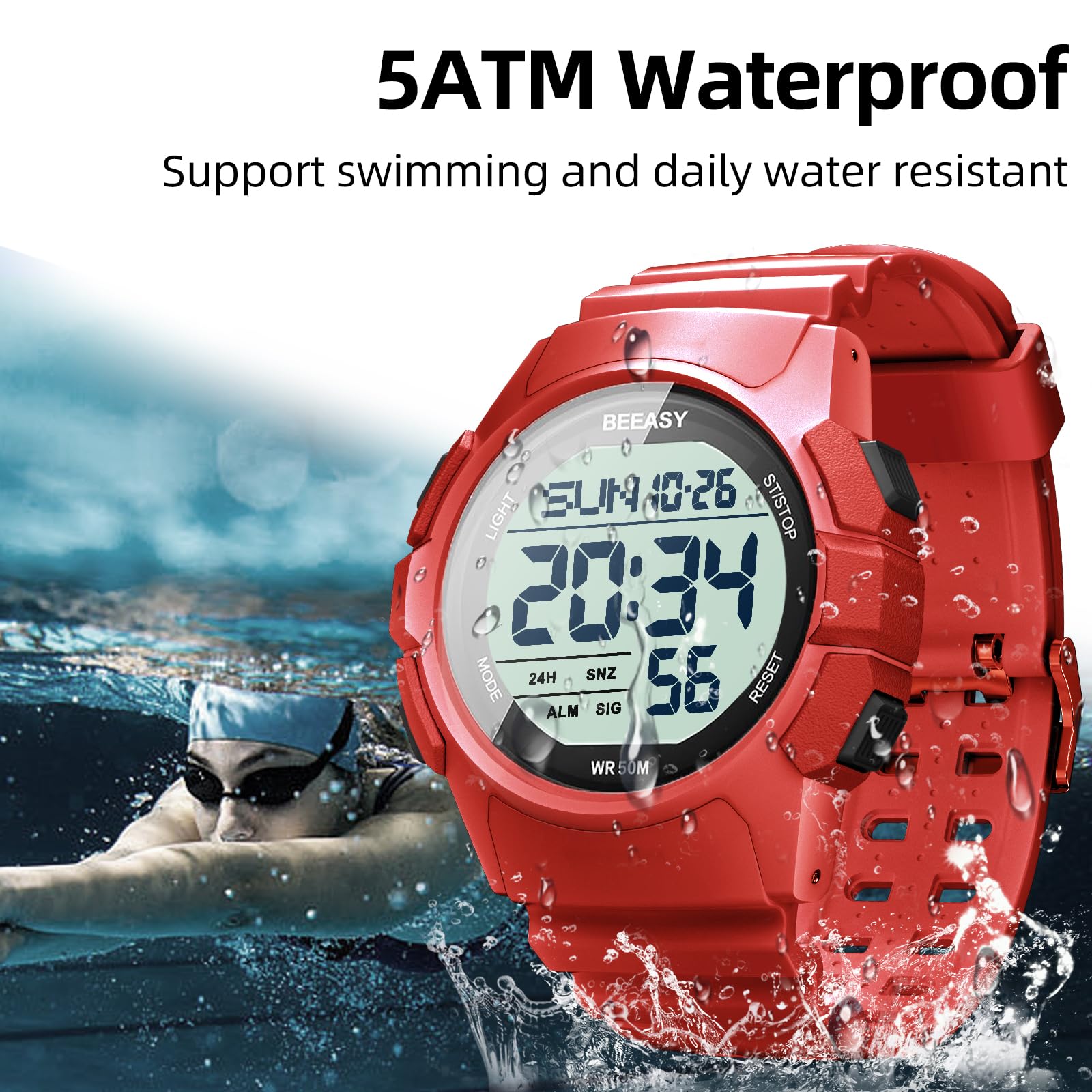 Beeasy Men's Digital Sports Watch - Waterproof, Stopwatch, Countdown Timer, Alarm, Dual Time - Durable Rubber Strap Wristwatch for Men & Students | Perfect for Running, Swimming, Gym & Outdoor Activities