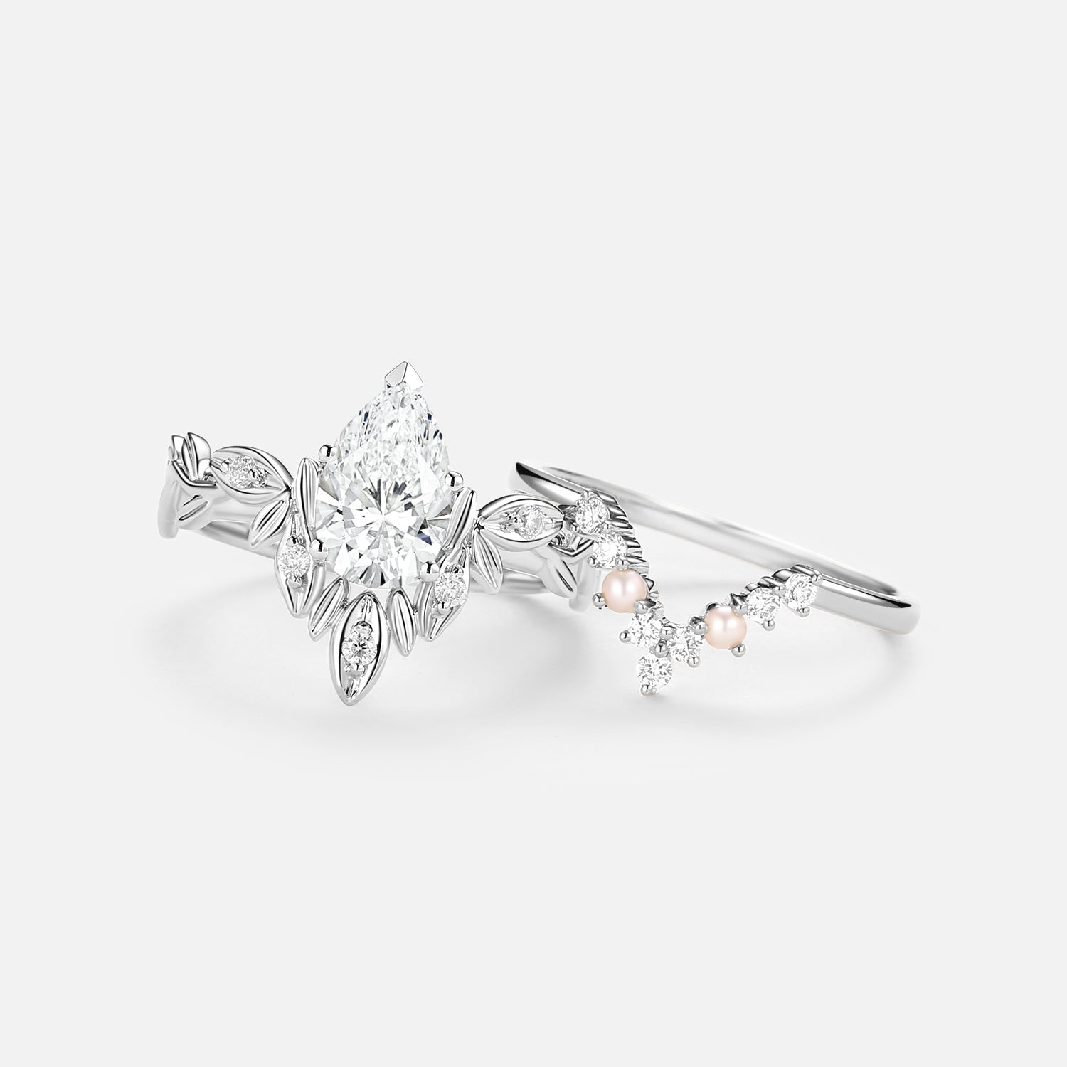 Lab Grown Diamond & Pearl Ring Set - 2 Piece Leafy Cut Pear Design for Women | Perfect for Weddings, Anniversaries & Special Occasions
