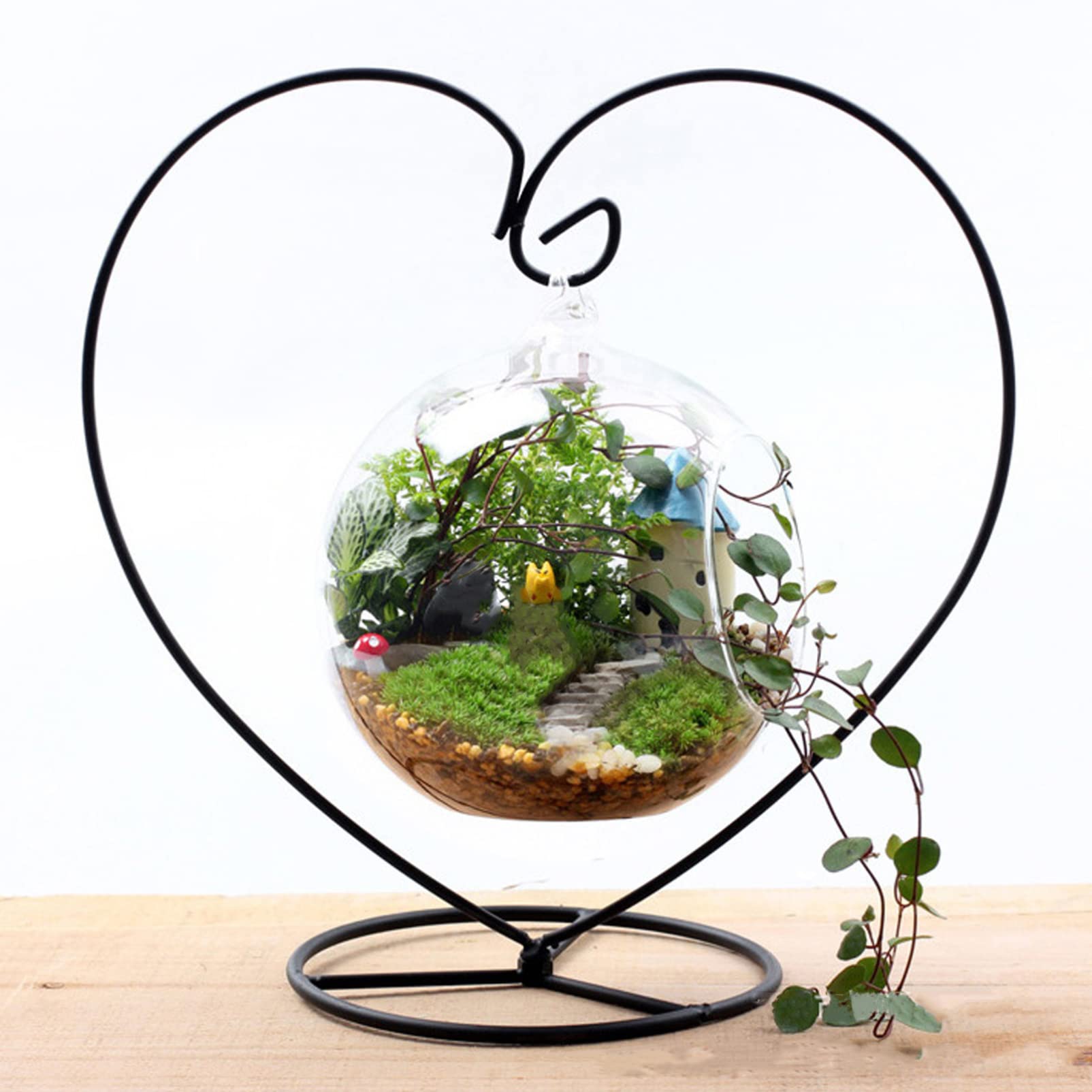 Homoyoyo Wrought Iron Hanging Plant Stand - Air Plant Holder, Tabletop Propagation Planter, Terrarium Display & Mini Votive Glass Vase - Perfect for Indoor Gardens, Home Decor, and Office Greenery