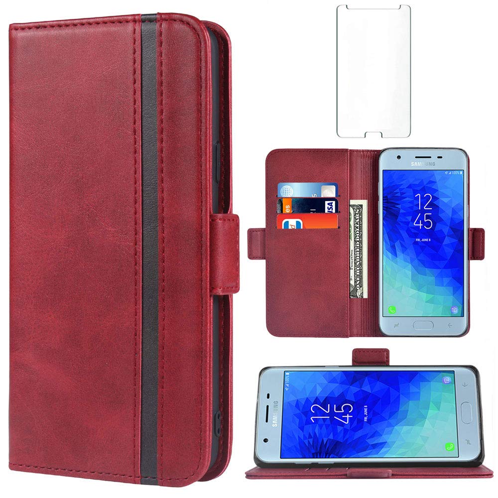 Premium Leather Wallet Case for Samsung Galaxy J7 Star/J7 Refine/J7 2018/J737V/J7 Aura - Flip Folio Cover with Card Holder & Tempered Glass Screen Protector - Women's Fashion Accessory (Red) - Perfect for Daily Use, Travel & Business Meetings