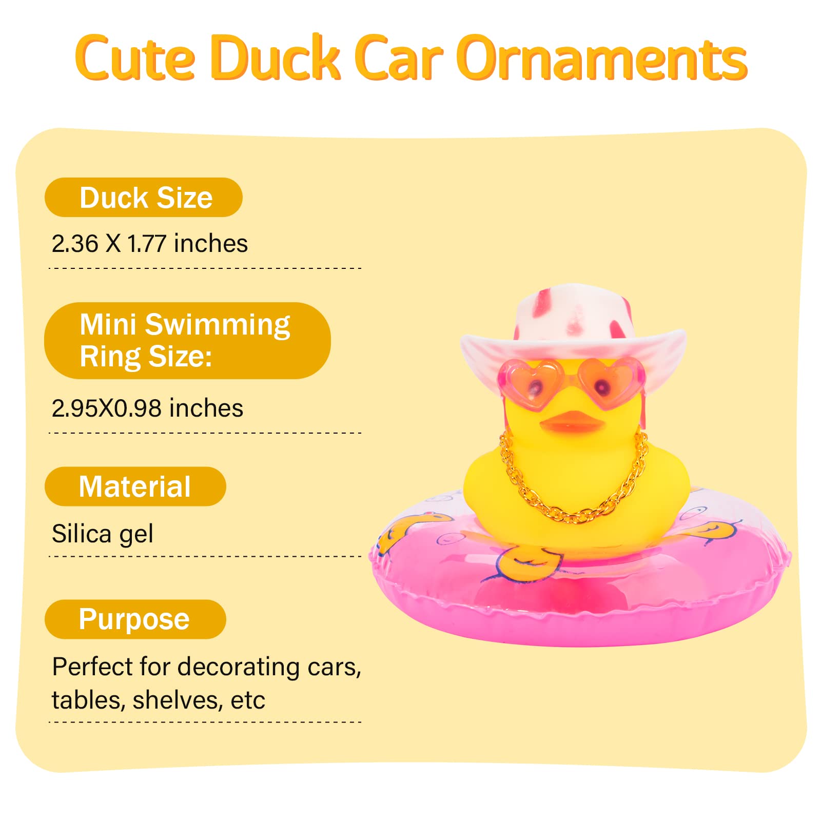 Wonuu Rubber Duck Car Dashboard Decoration - Cute Mini Duck Ornament with Flower Hat, Swim Ring, Necklace & Sunglasses (Red Heart Glasses & Pink Spot Hat) - Fun Car Accessory for Dashboard Decor, Gift Idea