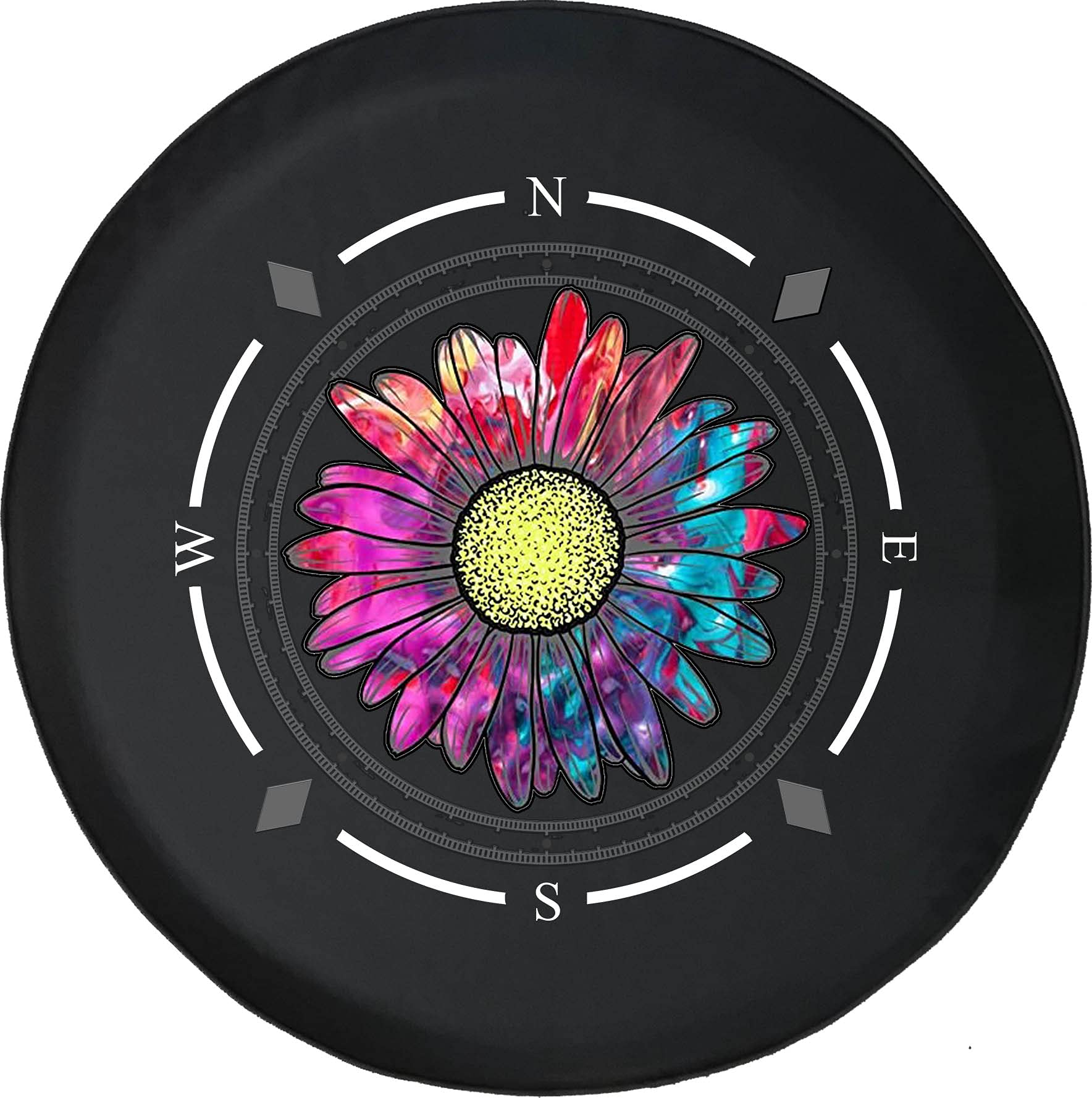 American Unlimited Spare Tire Cover with Compass Design - Tie Dye Daisy Flower Wheel Cover for SUV, Trailer & RV Accessories - Universal Fit for Most Vehicles - Perfect for Road Trips & Outdoor Adventures