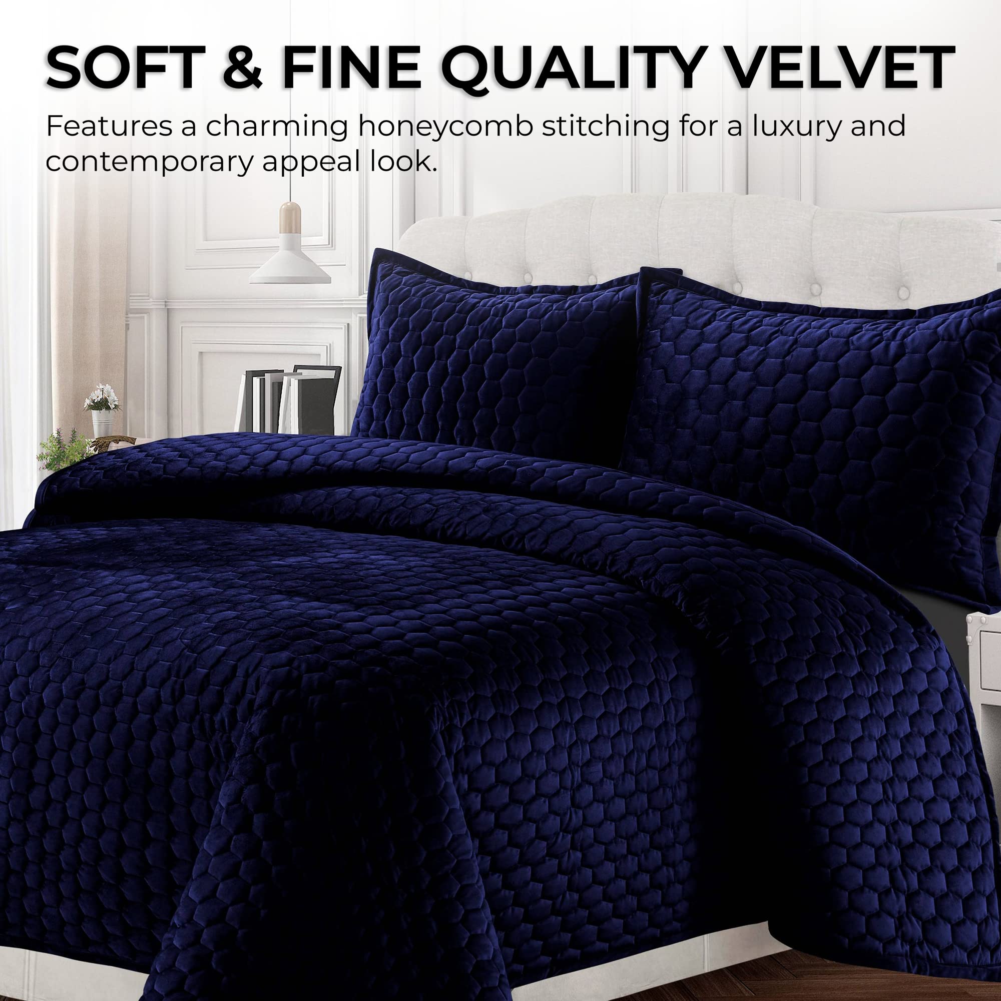 Tribeca Living Velvet Twin Quilt Set - Ultra Soft 260GSM Honeycomb Stitch Bedding with Oversized Quilt & Sham Pillowcase, Navy Blue - Perfect for Cozy Bedrooms, Guest Rooms & Dorm Decor