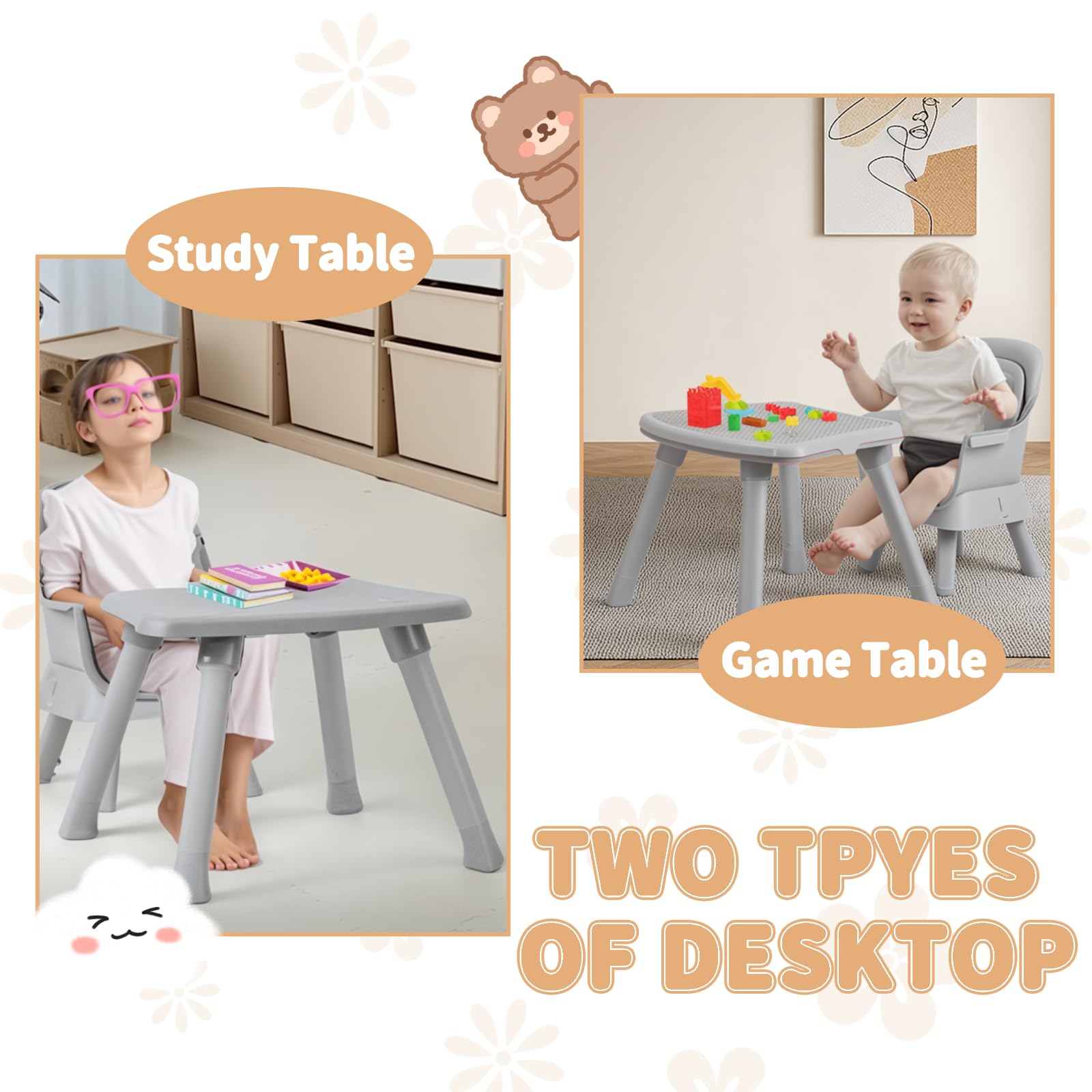 Kinder King 8-in-1 Convertible Baby High Chair - Dining Booster Seat, Kids Table & Chair Set, Toddler Building Block Table with Removable Tray & Washable Seat Covers (Grey & White) - Perfect for Mealtime, Playtime & Learning Activities at Home or Daycare