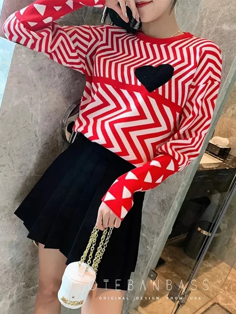 Women's Geometric Heart Pattern Knit Sweater - Long Sleeve Loose Pullover for Autumn/Winter | Cozy Casual Wear for Office, Dating & Weekend Outfits