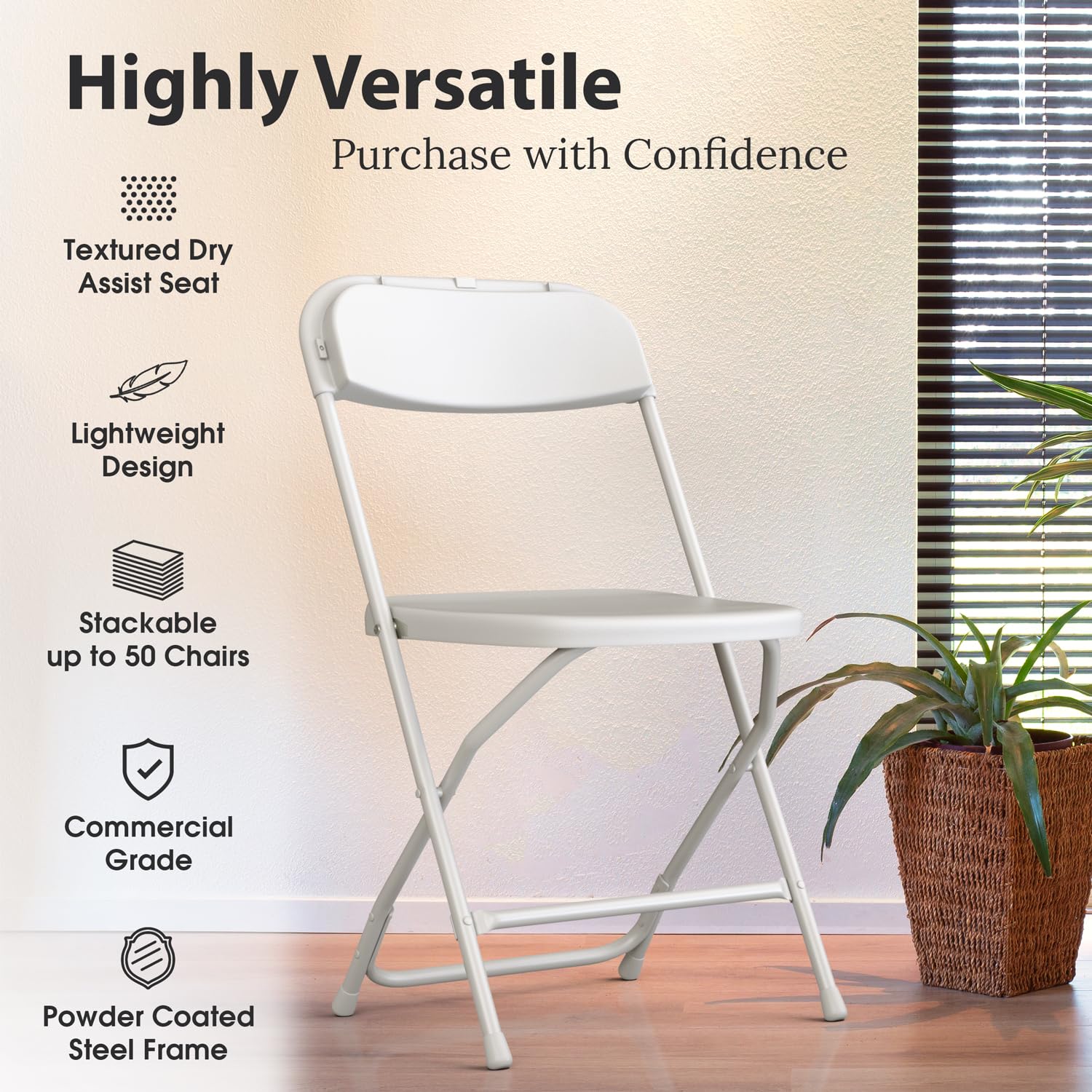 9-Pack White Plastic Folding Chairs - Stackable, 300 lbs Capacity Steel Frame - Indoor/Outdoor Use for Weddings, Parties, Picnics, Dining & Commercial Events