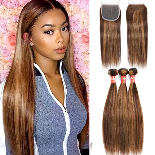 HaHa Highlight Blonde Human Hair Bundles with 4x4 Lace Closure - Brazilian Virgin Straight Ombre Weave (12+12+12+10 Inch) for Stunning Blowouts & Everyday Hairstyles