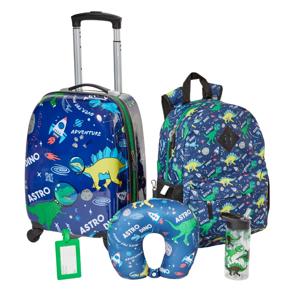 RALME 5-Piece Boys' Dinosaur Space Themed Travel Set - Rolling Suitcase, Backpack, Neck Pillow & Water Bottle Luggage Combo | Perfect for Kids Airplane Trips, Road Travel & School Adventures