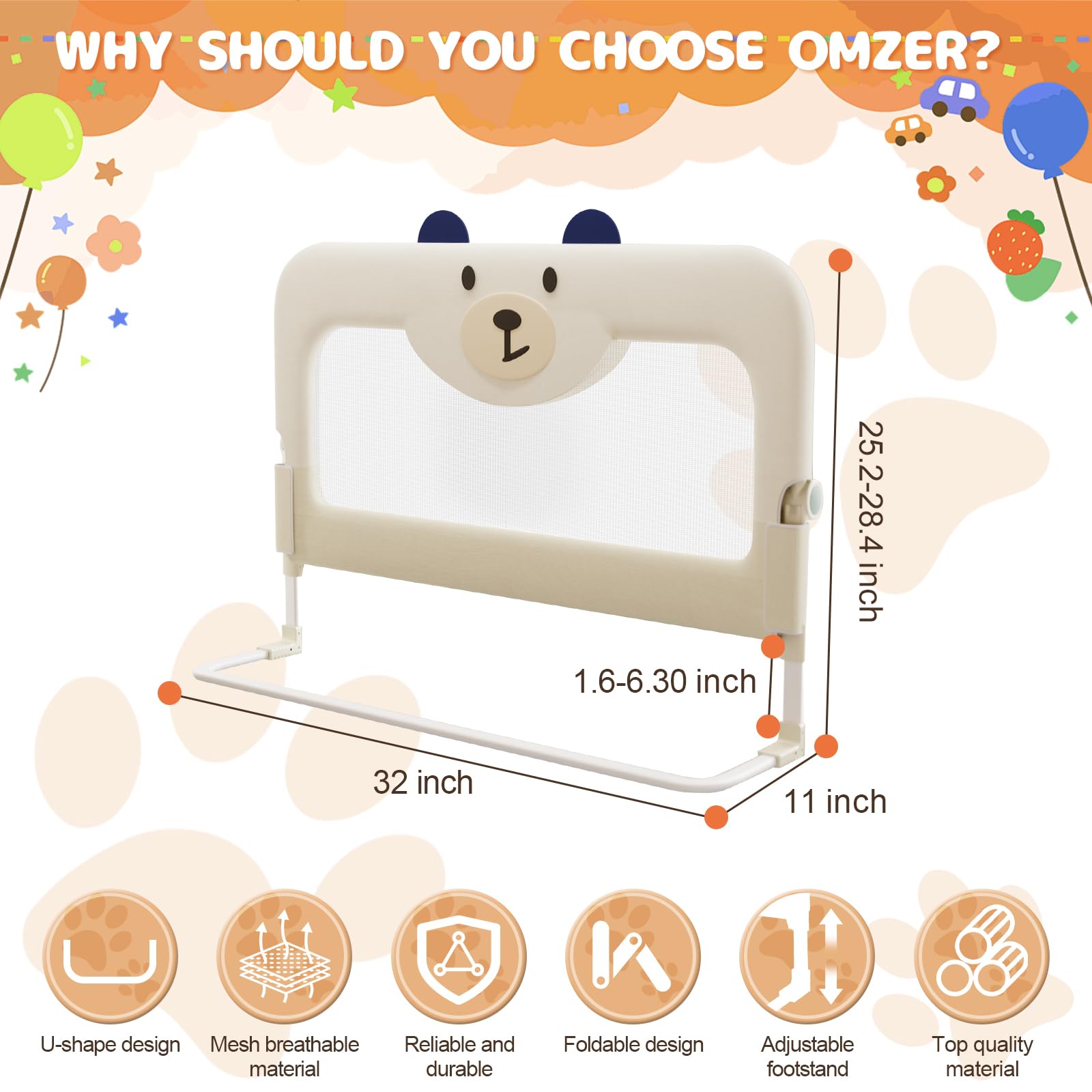 OMZER 32'' Swing Down & Height Adjustable Bed Guard Rail for Toddlers - Safety Bed Rail for Twin, Queen, King & Full Size Beds | Perfect for Babyproofing & Preventing Falls During Sleep