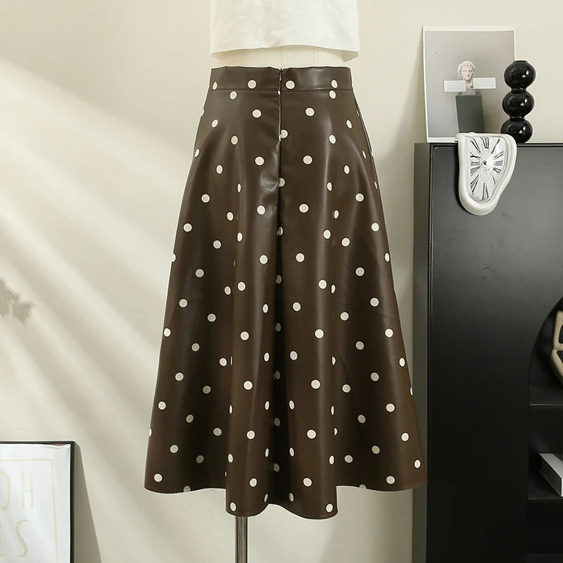 Elegant French Chic Women's Long Skirts - Dot Print A-Line High Waist Leather Skirt | Stylish Streetwear & Autumn Fashion | Perfect for Office, Dating & Casual Outfits