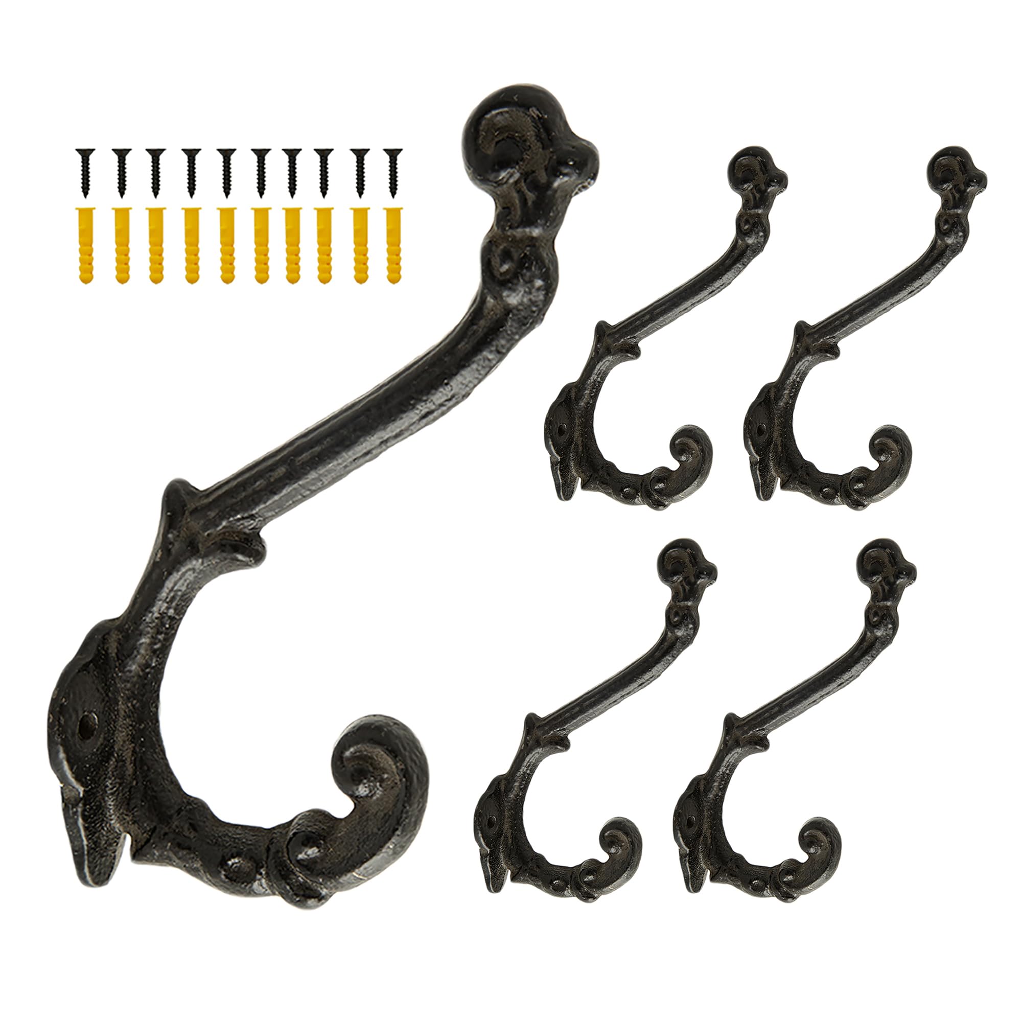 Vintage Cast Iron Wall Hooks 5-Pack - Farmhouse Decor for Coats, Bags & Hats