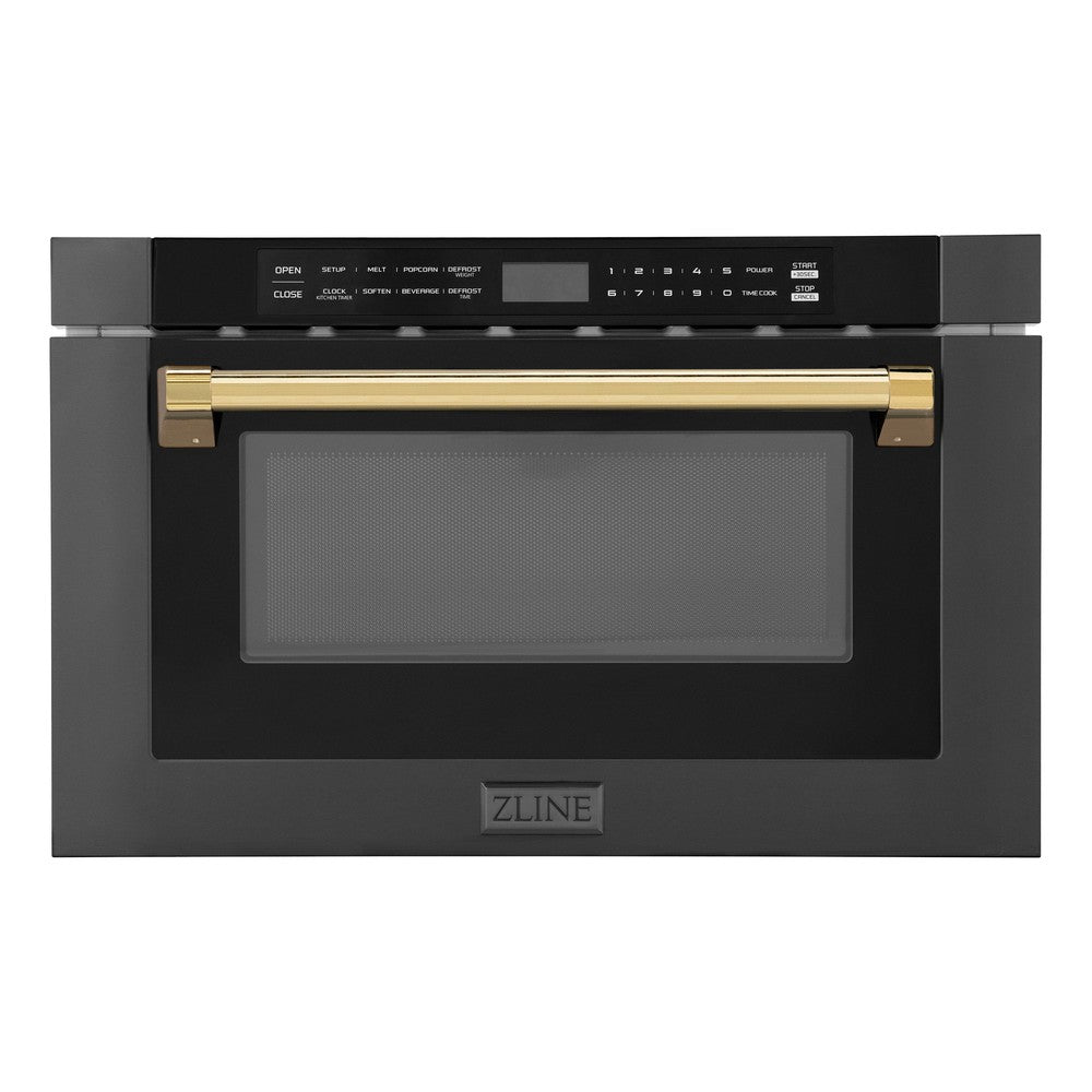 ZLINE Autograph Edition 24 Inch Built-In Microwave Drawer - 1.2 cu ft Capacity, Black Stainless Steel with Polished Gold Accents (MWDZ 1 BS H G) - Perfect for Modern Kitchens, Luxury Homes & High-End Appliance Upgrades