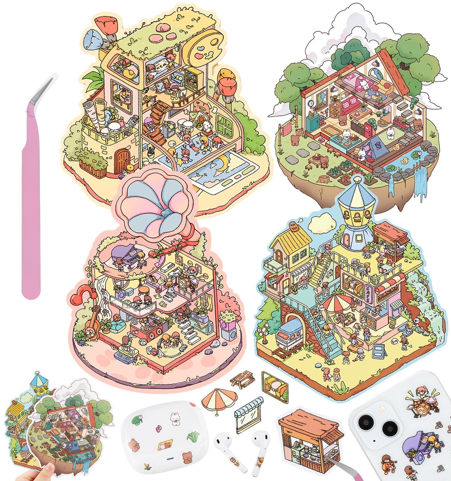 DIY 3D House Stickers for Kids & Adults - 4 Sets of Fun Cartoon Animal Scenes - Creative Mini House Sticker Art for Stress Relief & Relaxation - Perfect for Home Decor, Scrapbooking, and Craft Projects