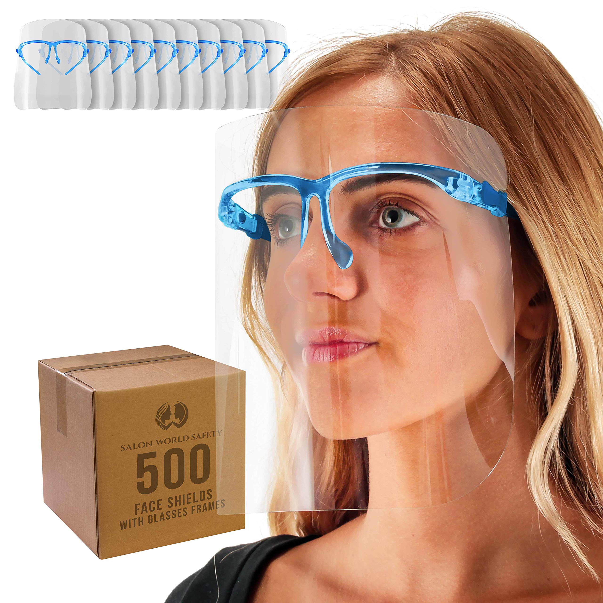 TCP Global Salon World Safety Face Shields with Blue Frames (500-Pack) - Ultra Clear Anti-Fog PET Plastic Full Face Protection for Eyes, Nose & Mouth - Reusable Face Shields for Salons, Healthcare & Industrial Use