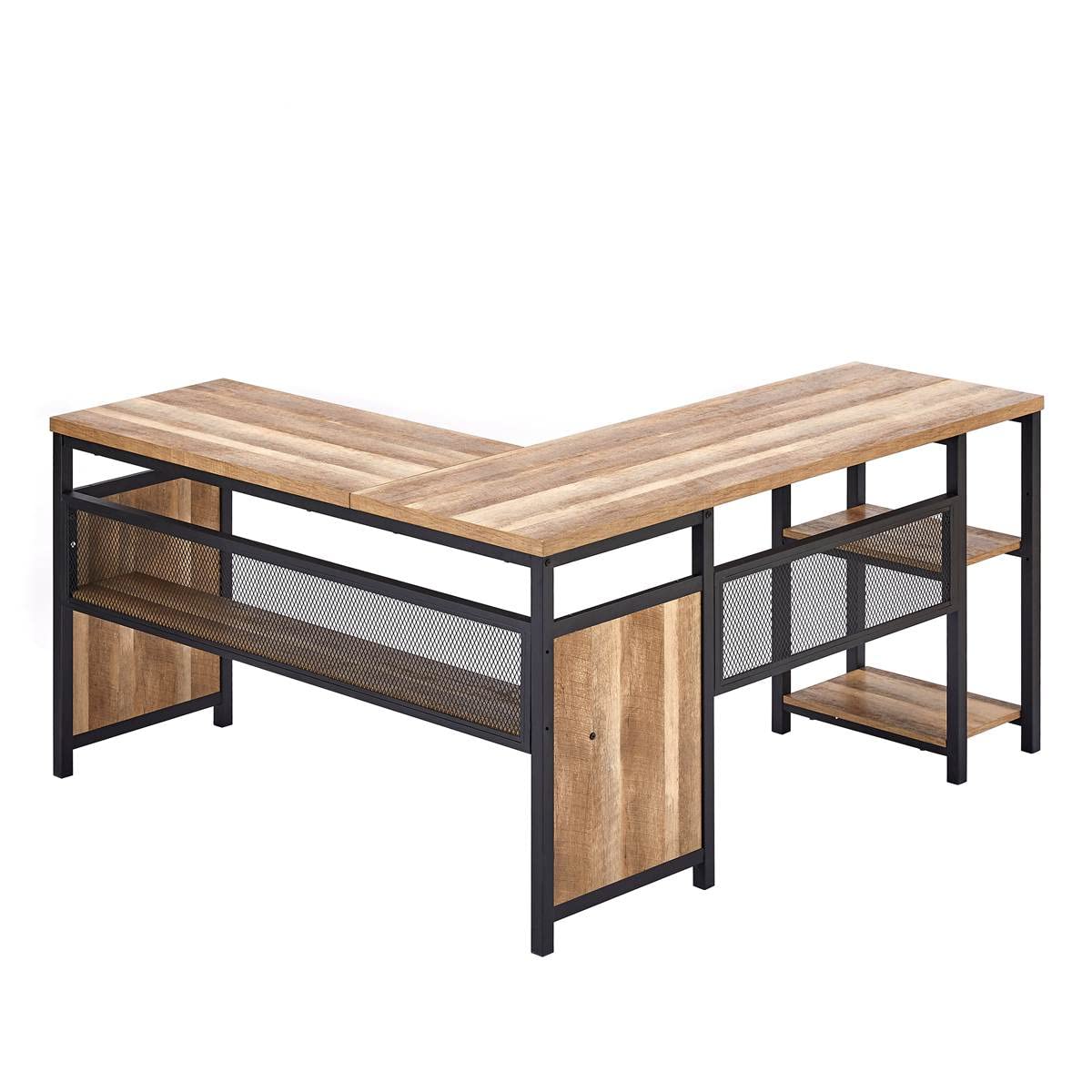 FATORRI 59 Inch L-Shaped Computer Desk with Shelves - Rustic Oak Wood & Metal Industrial Office Desk for Home, Gaming, or Study - Space-Saving Corner Workstation for Small Rooms