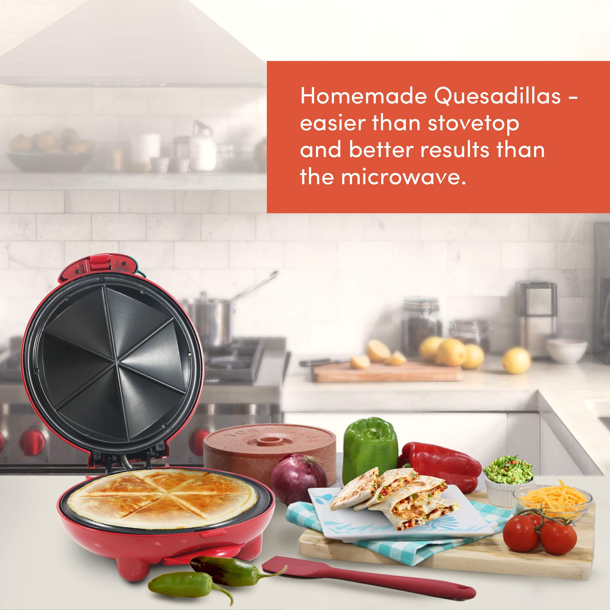 Elite Gourmet EQD-413 Electric 8-Inch Non-Stick Quesadilla Maker with Easy-Slice 6-Wedge Design - Perfect for Grilled Cheese, Corn Tortillas & Snacks (Red) - Ideal for Quick Meals, Parties & Family Gatherings