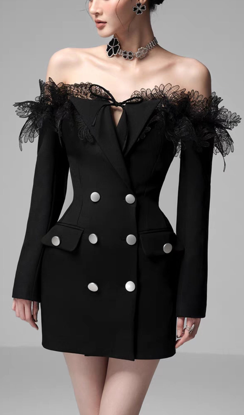 3D Embroidered Off Shoulder Mini Dress for Women - Double Breasted Black Party Dress - Perfect for Night Out, Date Night & Special Occasions