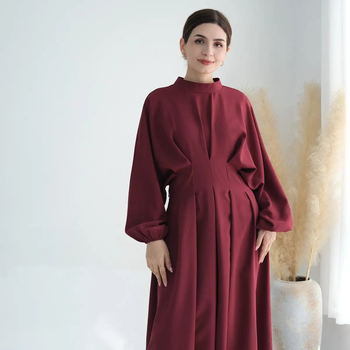 Modest Muslim Women's Elastic Sleeve Linen Abaya Dress - Comfortable Prayer Dress for Home & Mosque