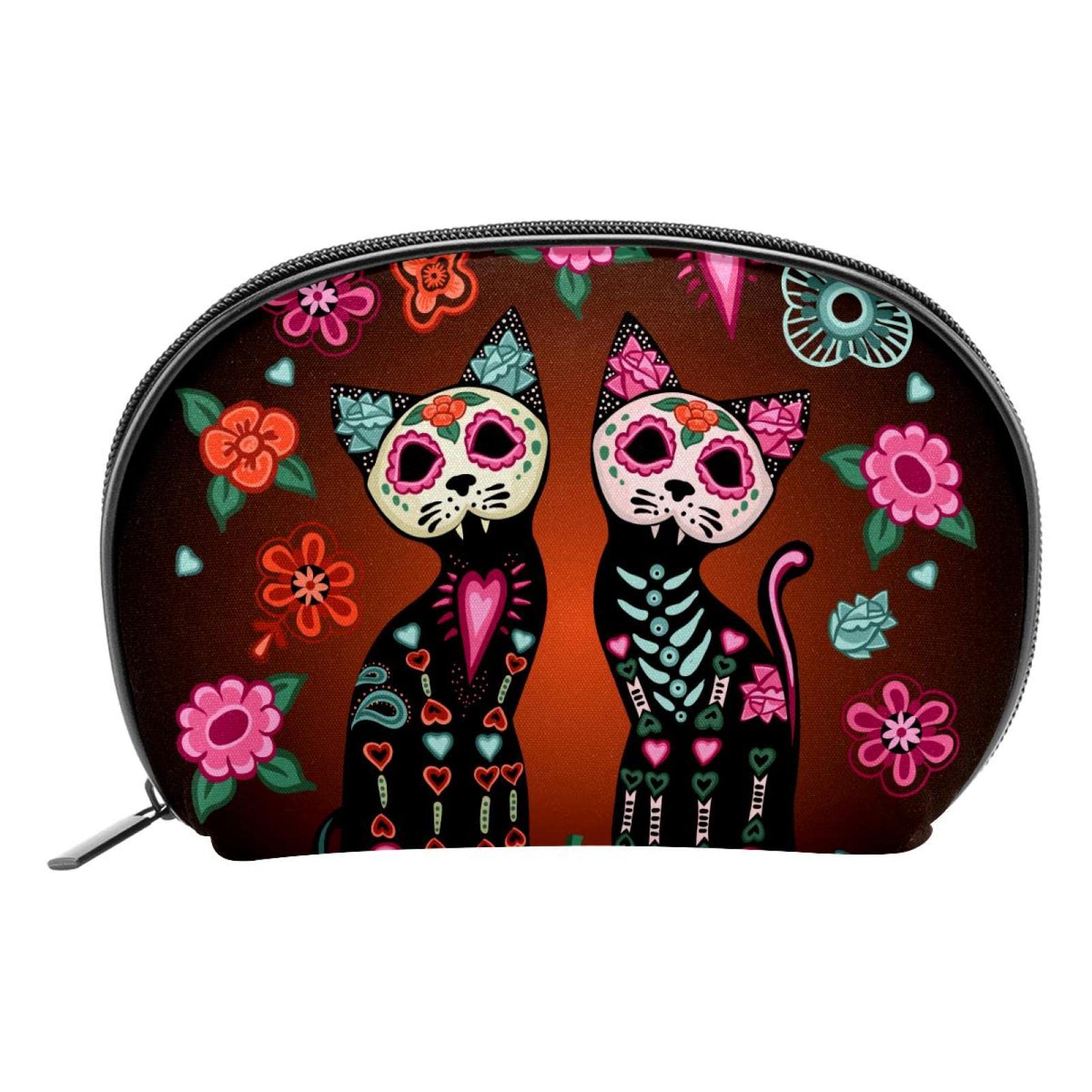 Reusable Semicircle Cosmetic Bag - Sugar Skull Cat & Pumpkin Design Makeup Pouch for Women | Travel Toiletry Organizer & Coin Purse | Perfect for Day of the Dead Celebrations, Halloween & Everyday Use