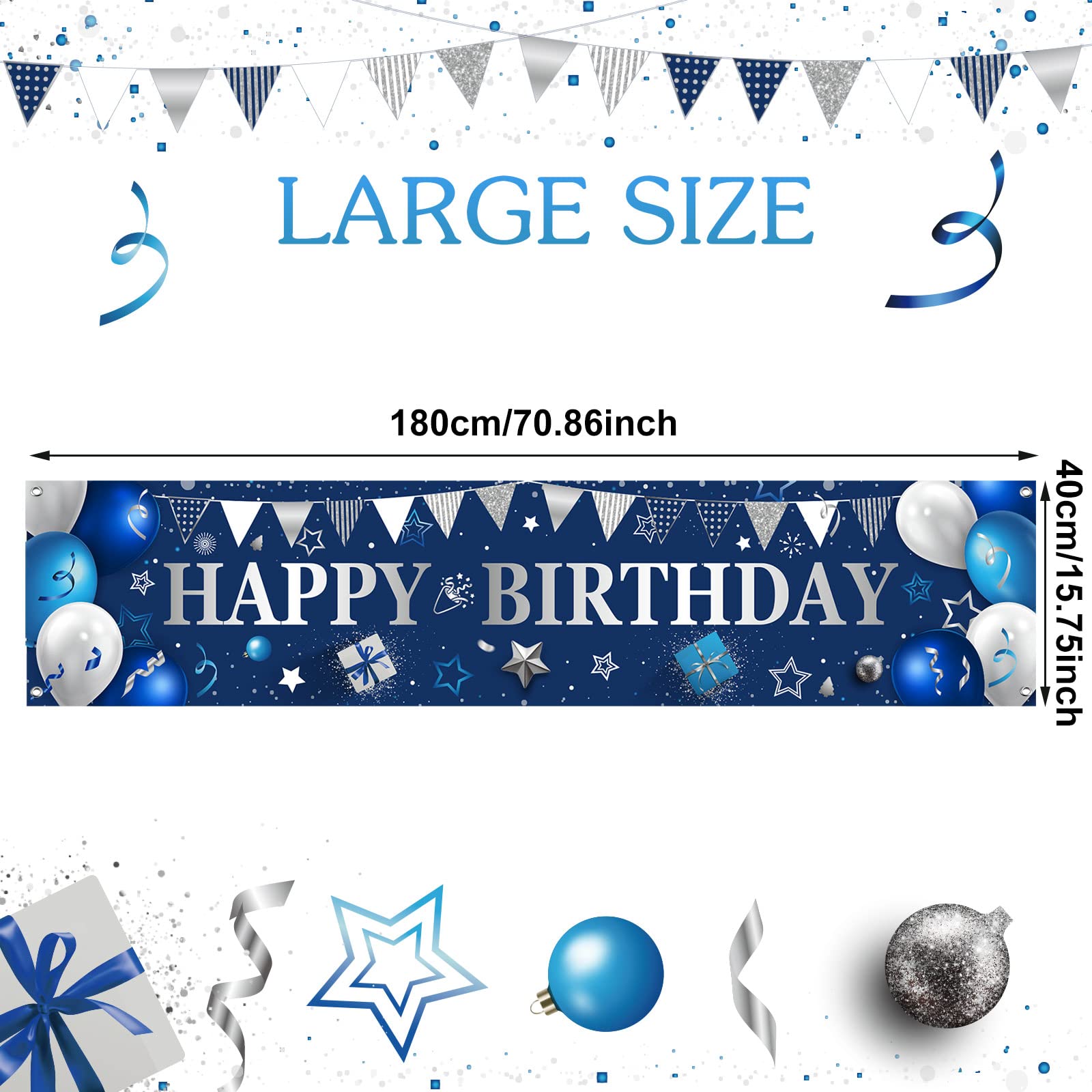 Happy Birthday Yard Banner - Large Outdoor & Indoor Party Decor for Men & Women - Blue & Silver Backdrop for Birthday Celebrations, Events & Photo Booths