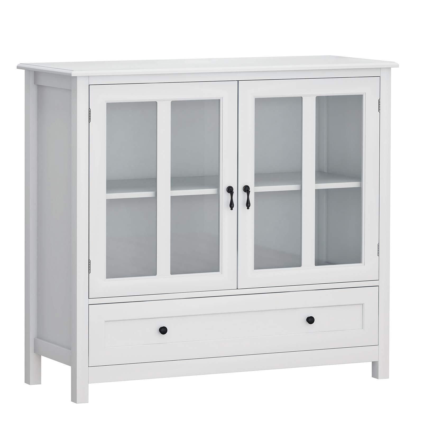 Modern White Wood Buffet Sideboard with Large Drawer & 2 Glass Doors - Elegant Kitchen Storage Cabinet, Entryway Console Table for Living Room, Bedroom, Dining Room | Perfect for Home Organization & Stylish Decor