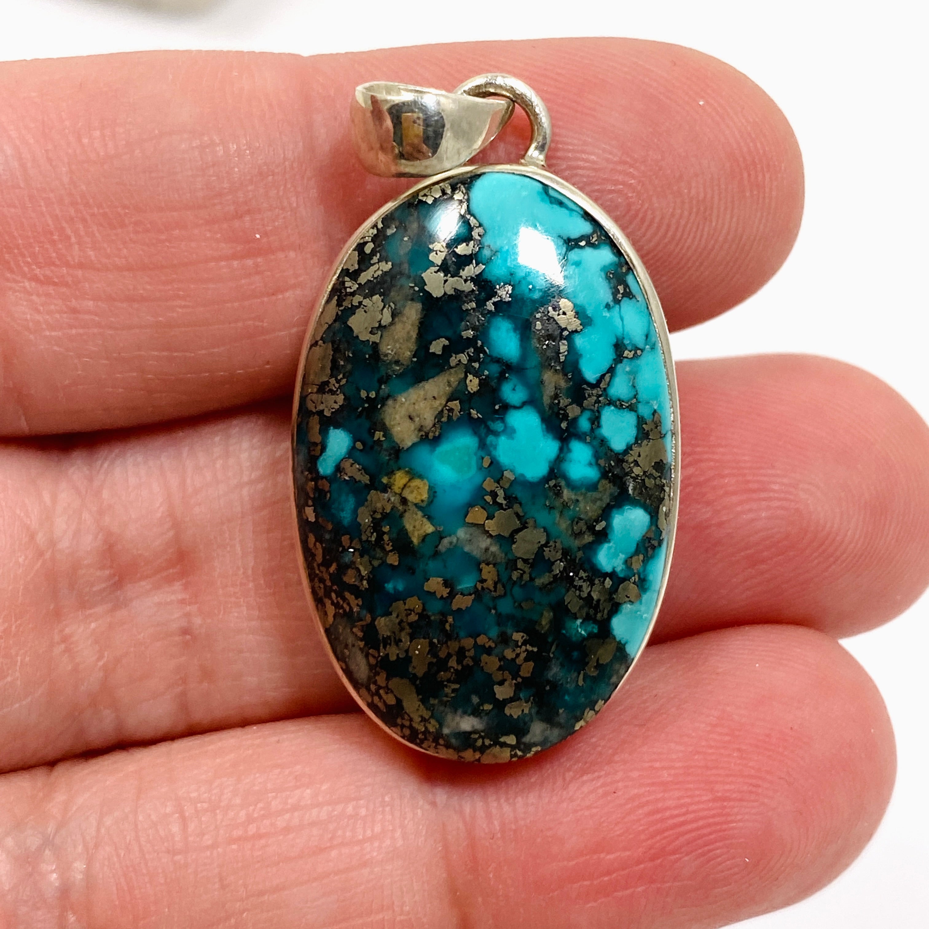 Natural Persian Turquoise with Pyrite Oval Cabochon Pendant - Genuine Iranian Gemstone Jewelry for Women - Perfect for Boho Chic & Southwest Style Outfits