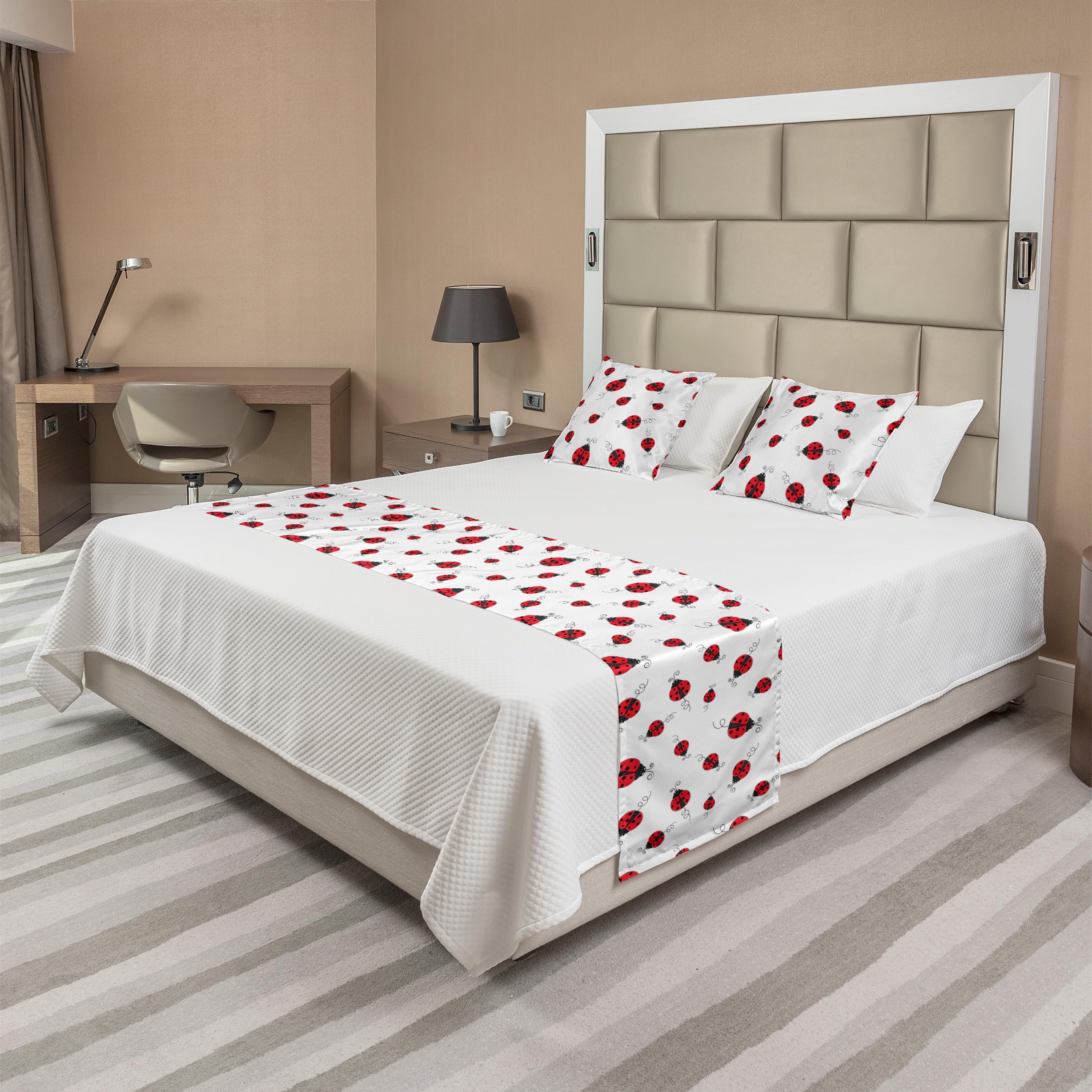 Ambesonne Ladybugs Bed Runner Set with Pillow Shams - White & Black Ladybug Dotted Wings Swirls Pattern Decorative Bedding Scarf for Hotels & Homes - Perfect for Spring Decor, Guest Room Styling & Themed Bedroom Accents