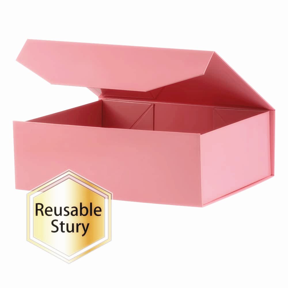 5 Large Pink Gift Boxes with Lid 13x9x4 Inches - Bridesmaid & Groomsman Proposal Boxes, Hard Collapsible Magnetic Closure Gift Boxes for Clothes, Jewelry & Accessories - Reusable Glossy Pink Gift Packaging for Weddings, Birthdays & Special Occasions