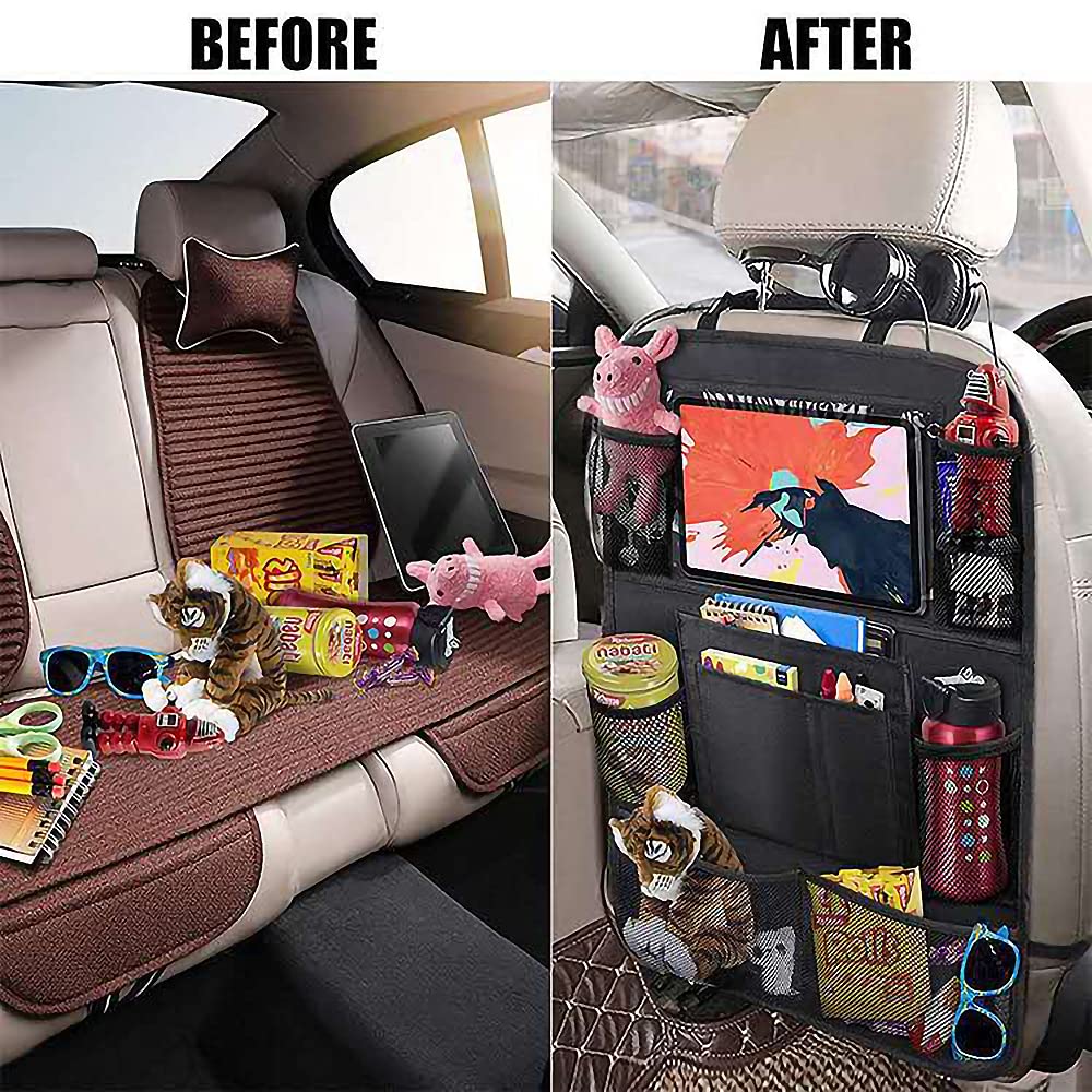 Car Backseat Organizer with 10-Inch Tablet Holder - 10-Pocket Kick Mats for Road Trips, Kids Snacks & Toys (2-Pack) | Perfect for Family Travel, Toddler Entertainment & Vehicle Organization