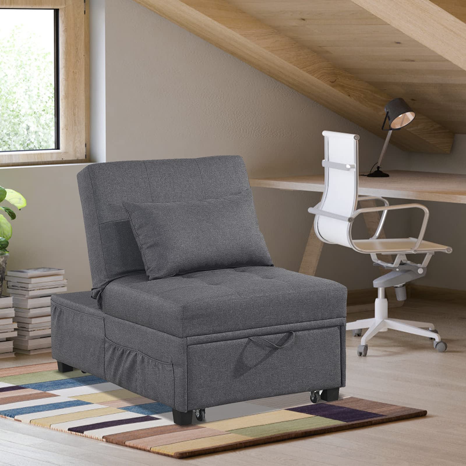 2-in-1 Convertible Sleeper Chair Bed Set with Tufted Ottoman, Pillow & Side Pockets - Space Saving Armless Sofa Bed for Small Apartments, Guest Rooms & Home Offices