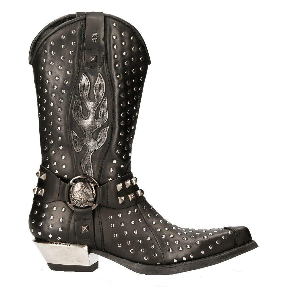 NEW ROCK M-7928-S1 Western Cowboy Boots - Black Leather Heavy Biker Boots with Silver Studs for Men | Perfect for Motorcycle Riding, Country Music Festivals & Western Fashion