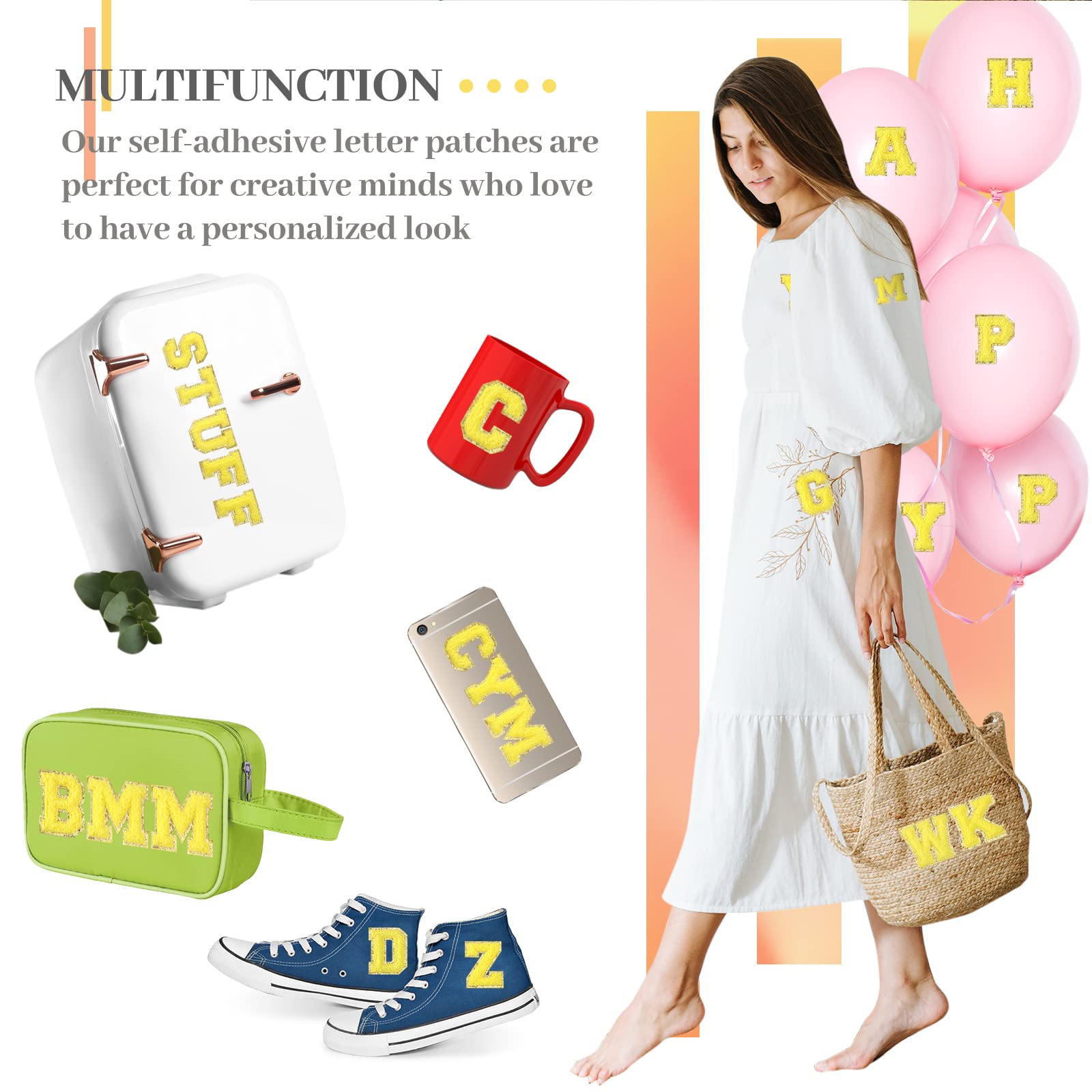 WILLBOND 52 Pcs Self-Adhesive Chenille Letter Patches - Embroidered Iron-On Applique for Backpacks, Clothing, Hats & Bags - Perfect for Easter, Graduation & Birthday Parties (Light Yellow) - DIY Craft & Gift Decorations