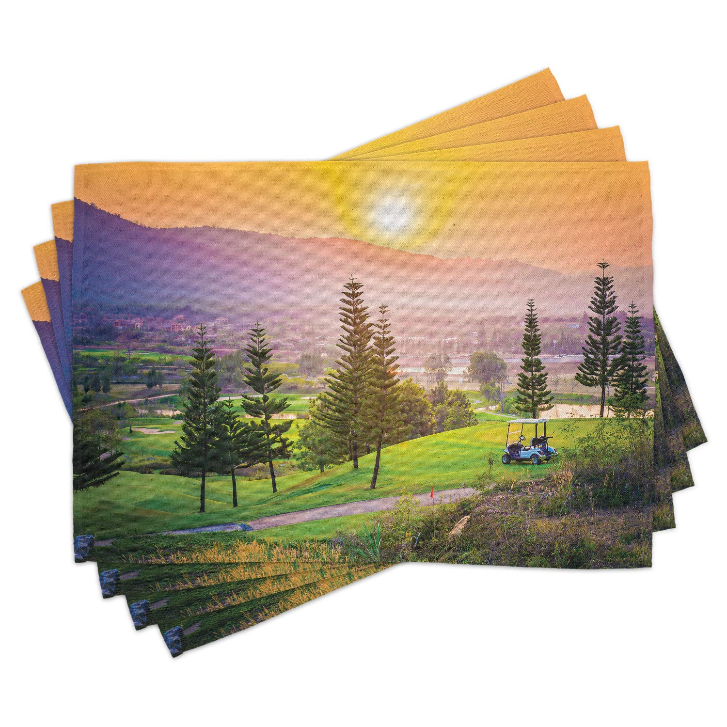 Ambesonne 4-Pack Nature Themed Placemats - Golf Resort Park with Spring Trees, Sunset Hills & Valley Landscape - Washable Fabric Dining Table Mats (Standard Size, Orange & Green) - Perfect for Spring Decor, Dinner Parties & Outdoor Picnics
