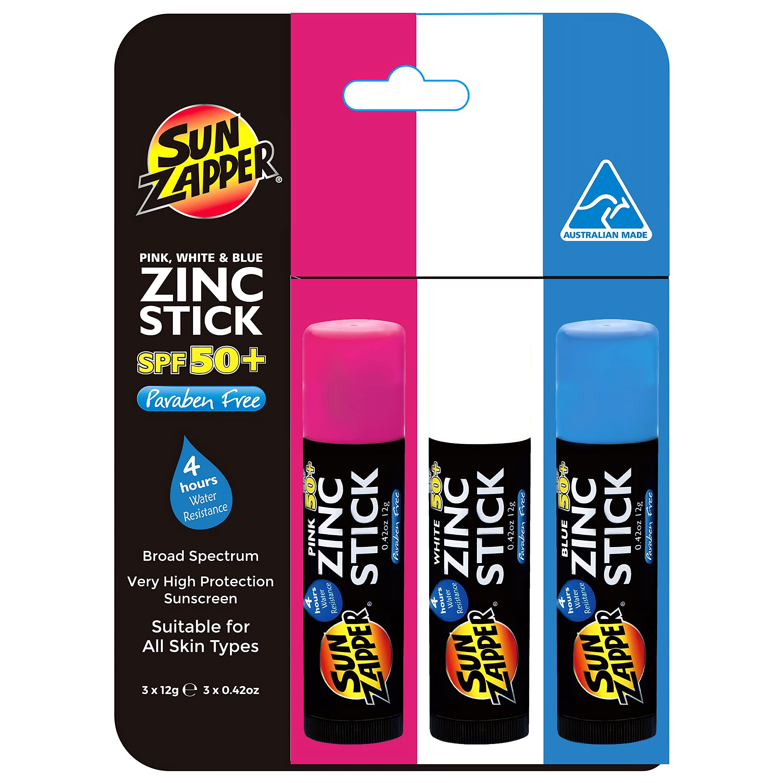 Sun Zapper Zinc Oxide Sunscreen Stick SPF 50+ – Waterproof & Reef Safe – 3-Pack (Pink, White, Blue) – Face & Body Sun Protection for Adults, Kids & Babies – Travel Size Mineral Sunscreen – Made in Australia – Perfect for Beach, Pool & Outdoor Activities